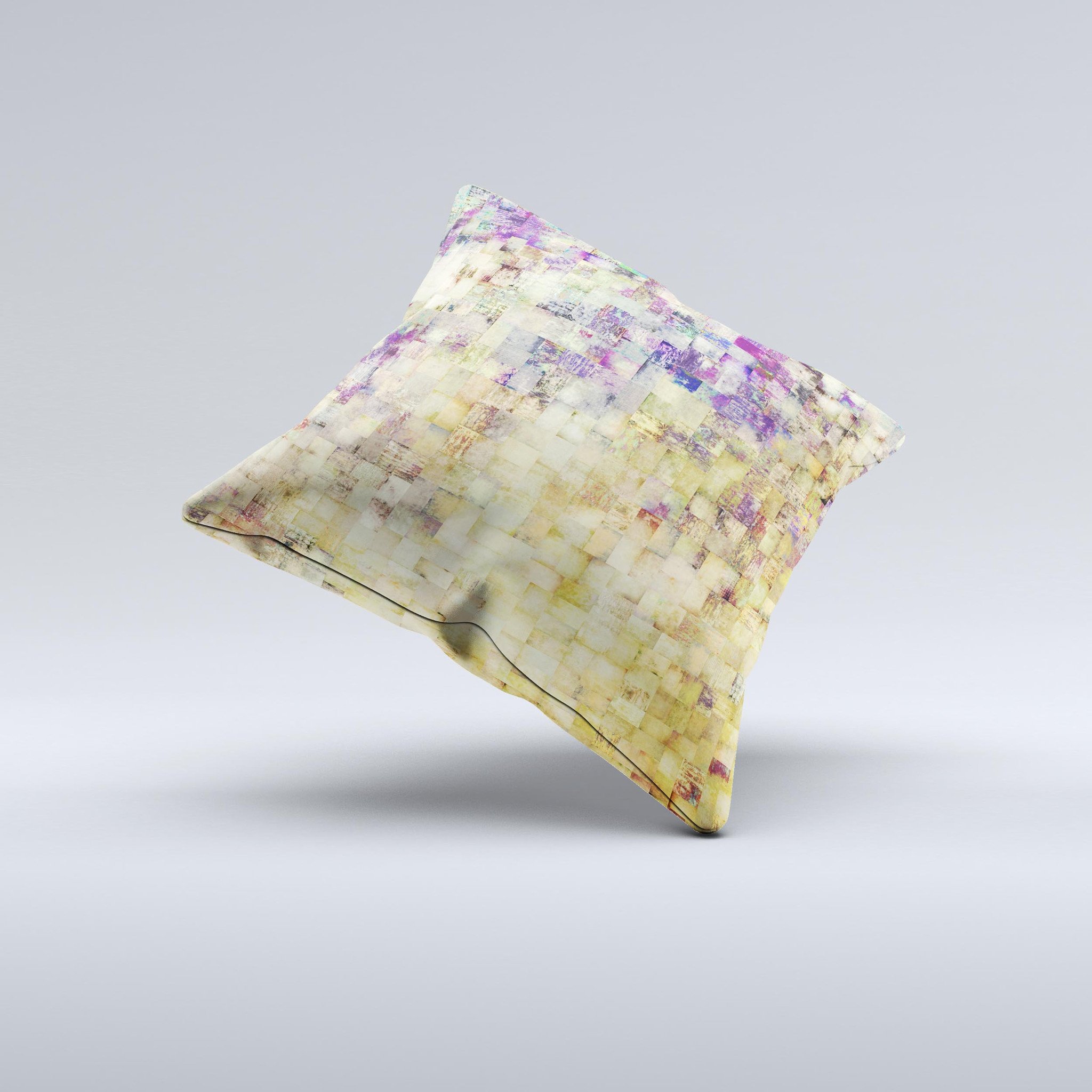 A handcrafted decorative throw pillow featuring a grungy abstract purple mosaic design, showcasing vibrant colors and unique patterns.