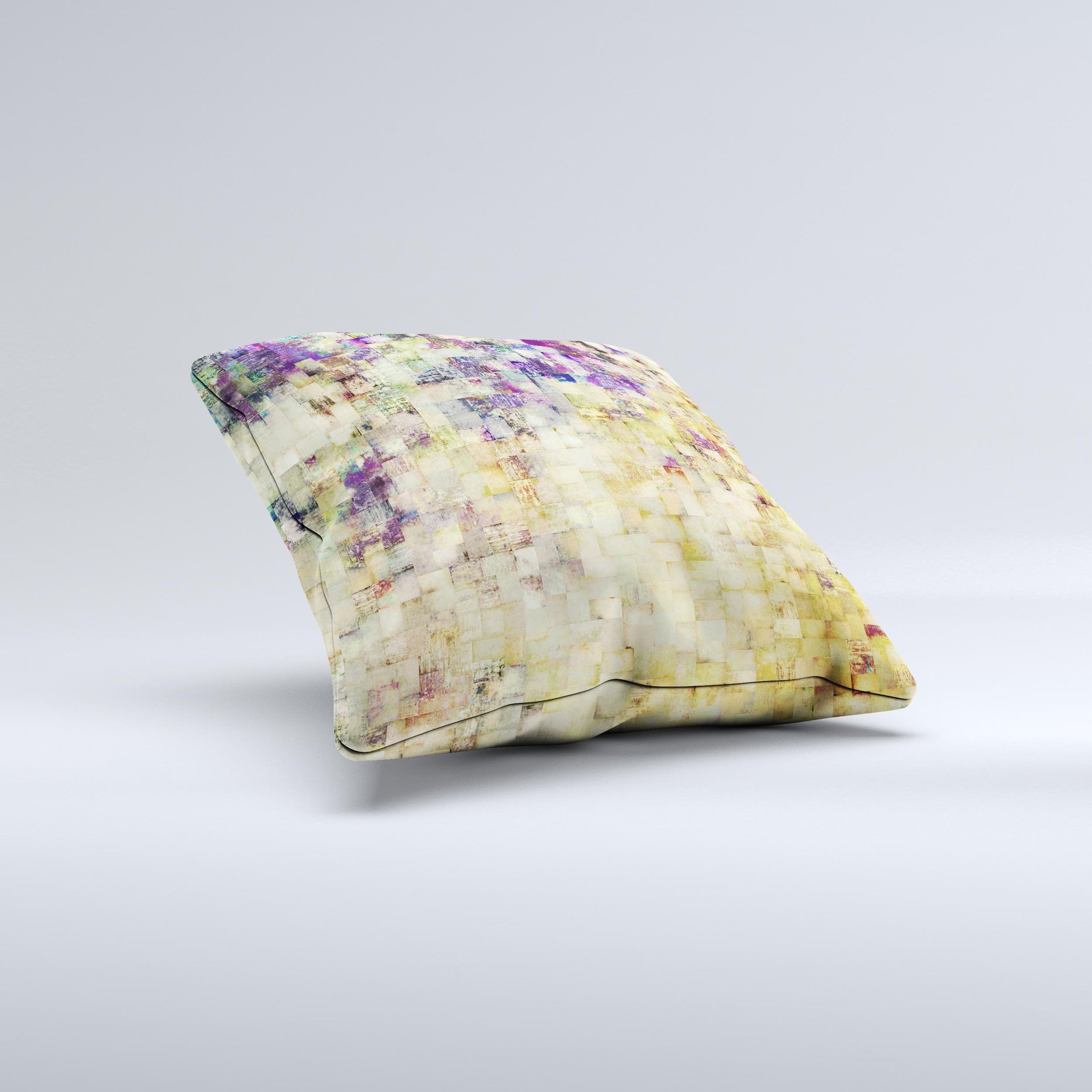 A handcrafted decorative throw pillow featuring a grungy abstract purple mosaic design, showcasing vibrant colors and unique patterns.