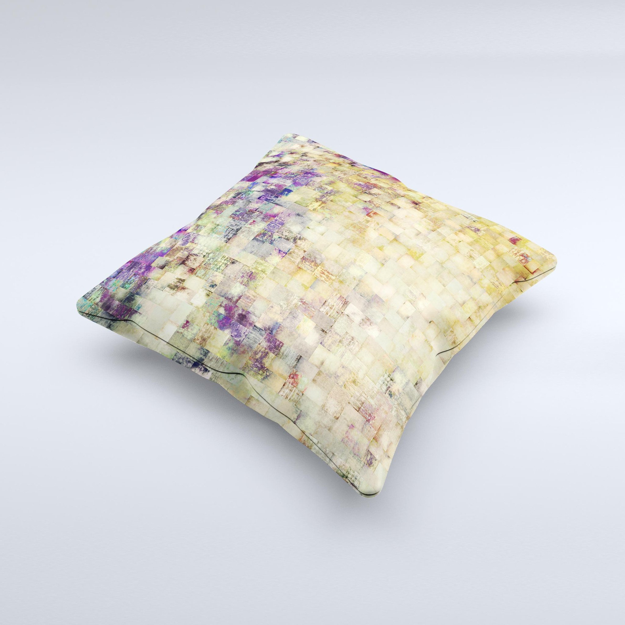 A handcrafted decorative throw pillow featuring a grungy abstract purple mosaic design, showcasing vibrant colors and unique patterns.