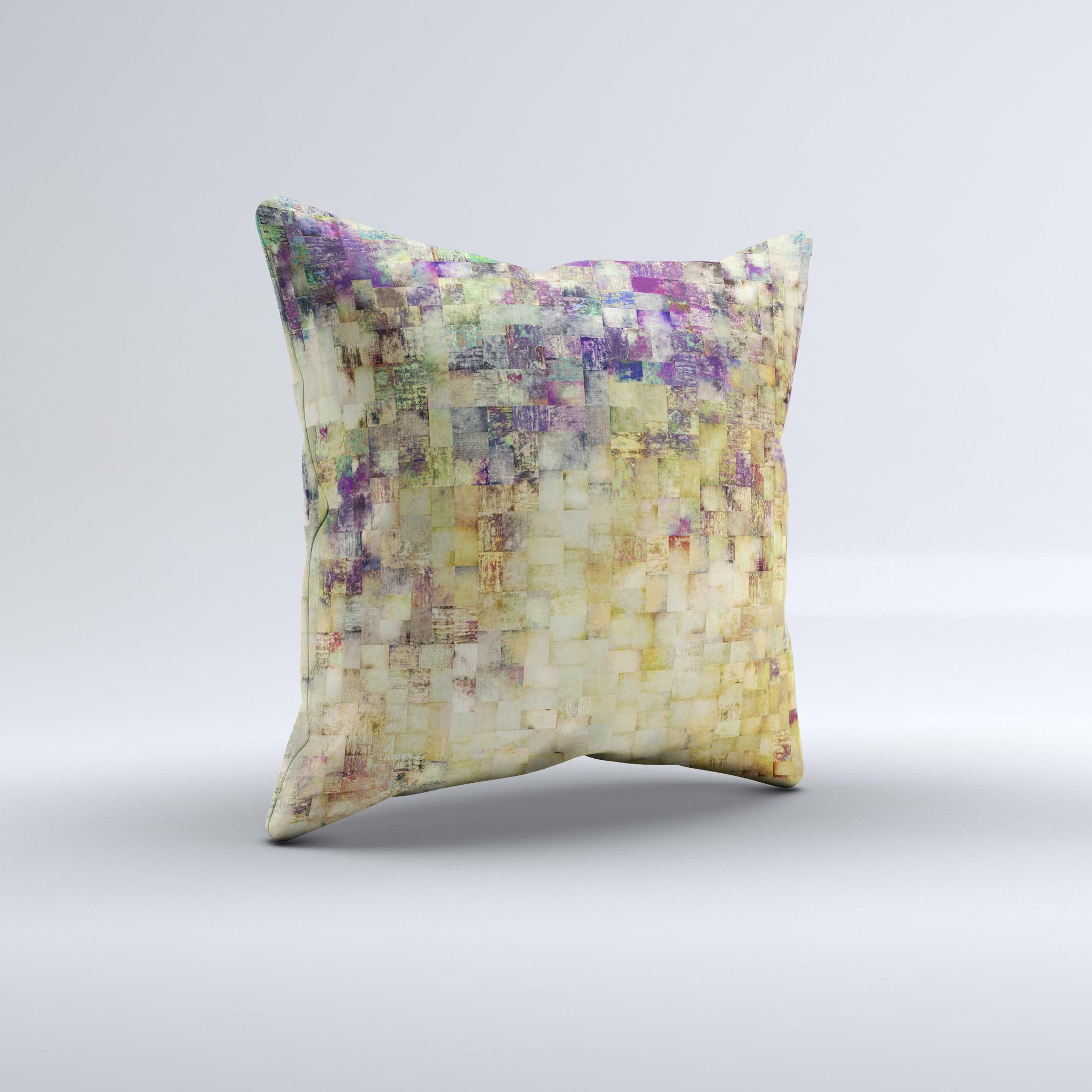 A handcrafted decorative throw pillow featuring a grungy abstract purple mosaic design, showcasing vibrant colors and unique patterns.