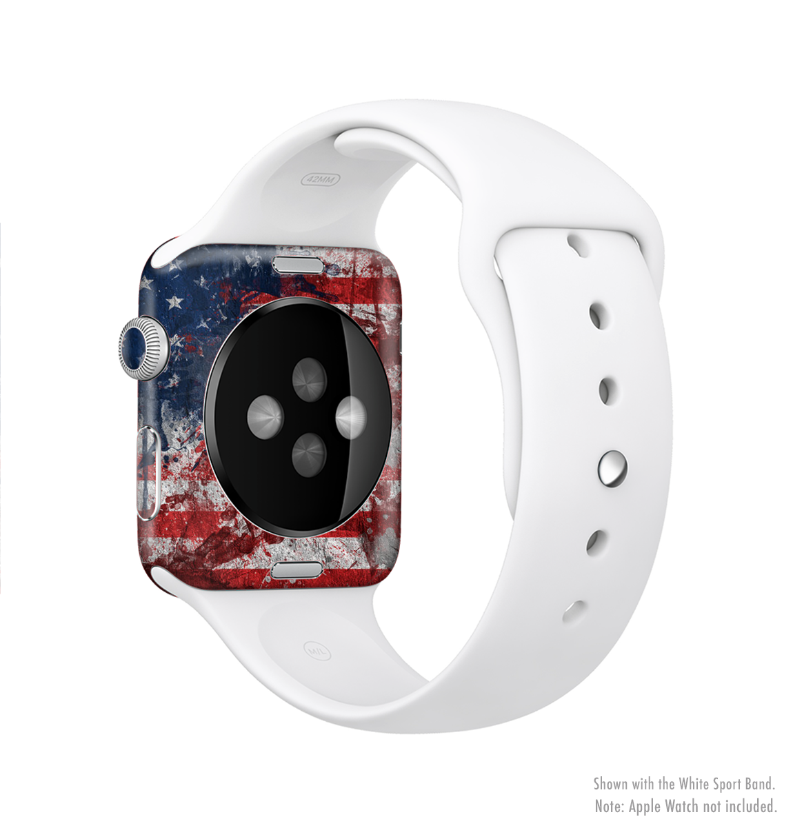 Grungy American Flag Full-Body Skin Kit for Apple Watch, showcasing a stylish design with vibrant colors and a protective vinyl finish.