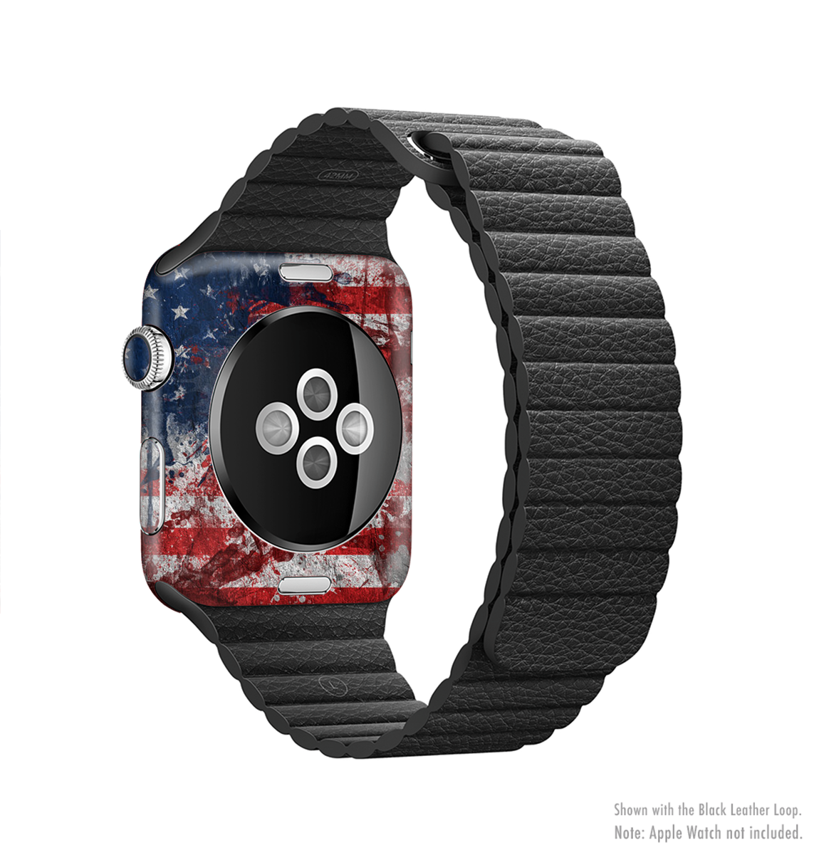 Grungy American Flag Full-Body Skin Kit for Apple Watch, showcasing a stylish design with vibrant colors and a protective vinyl finish.