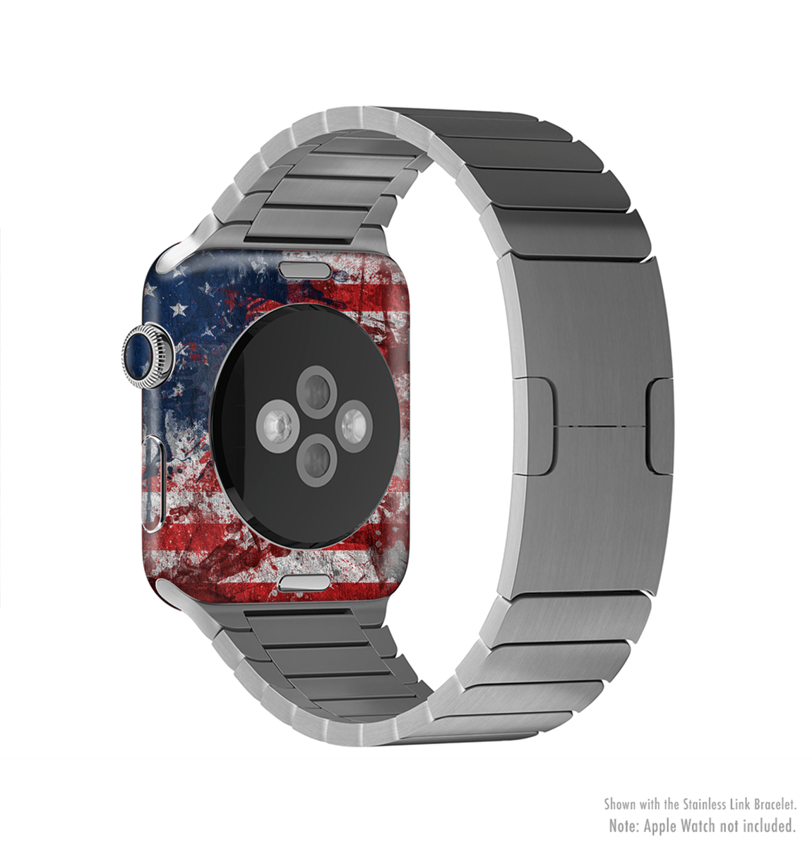 Grungy American Flag Full-Body Skin Kit for Apple Watch, showcasing a stylish design with vibrant colors and a protective vinyl finish.