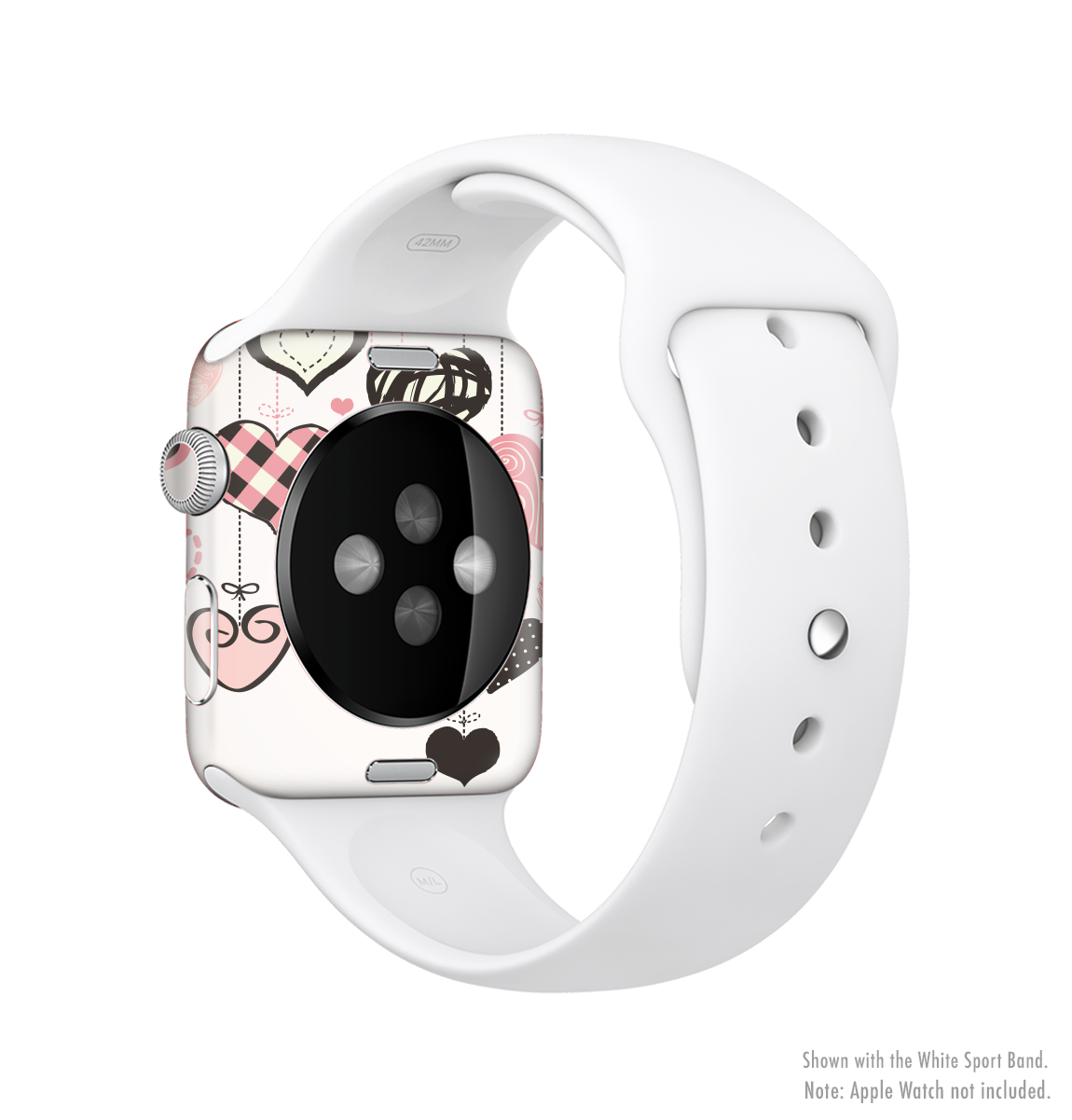 Hanging Styled-Hearts Full-Body Skin Kit for Apple Watch, showcasing a vibrant heart design on a sleek watch.