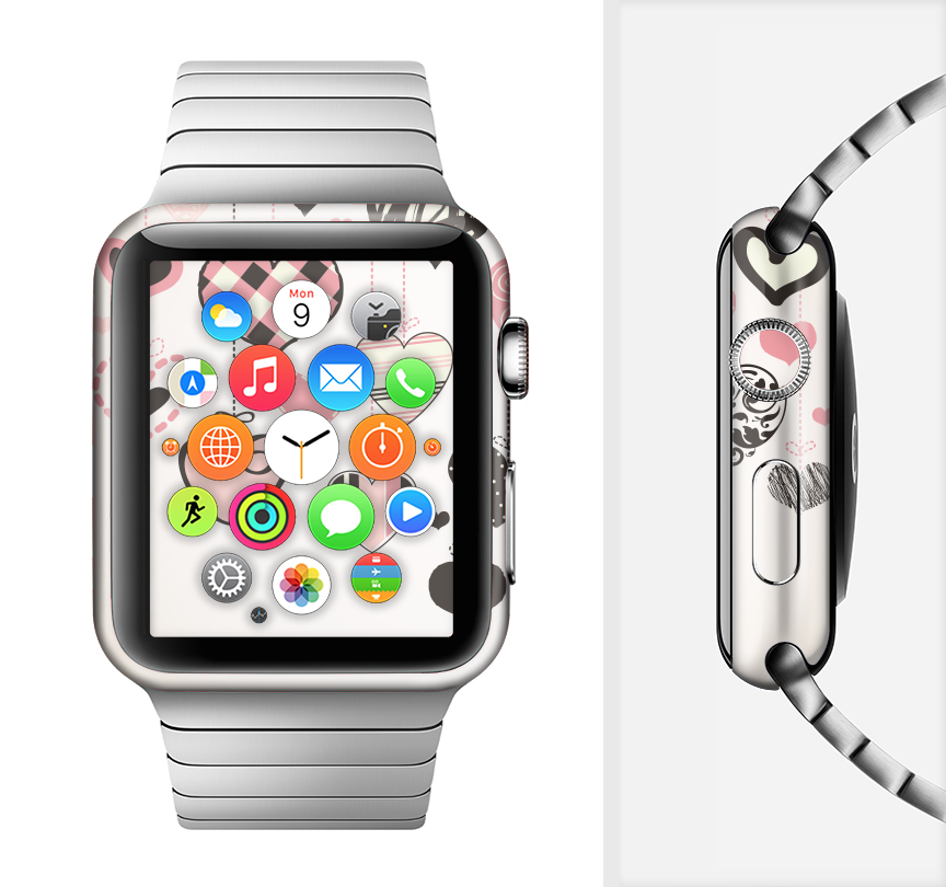 Hanging Styled-Hearts Full-Body Skin Kit for Apple Watch, showcasing a vibrant heart design on a sleek watch.