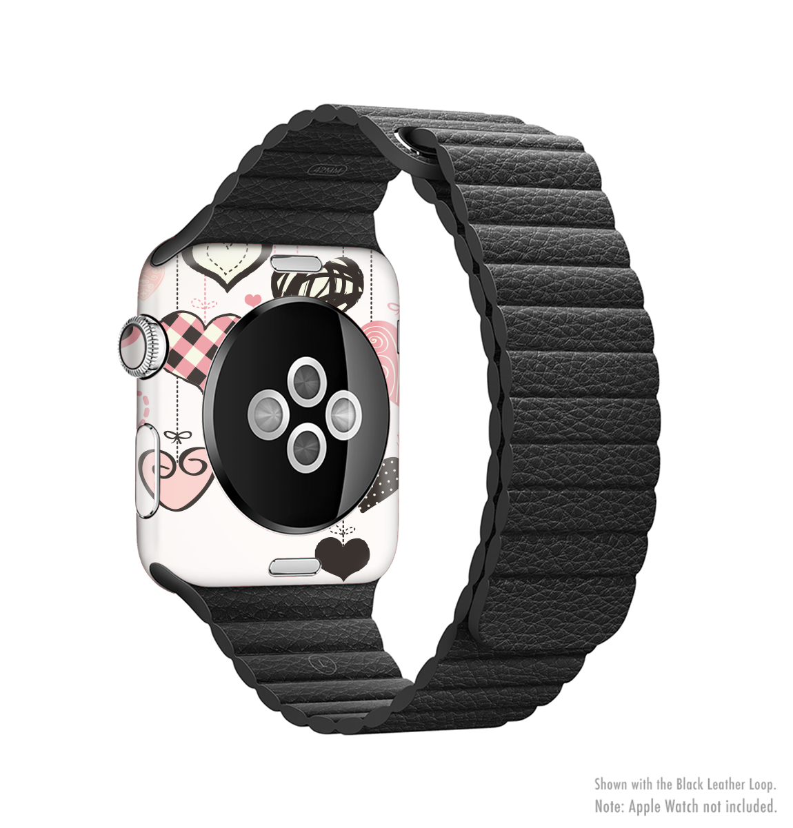 Hanging Styled-Hearts Full-Body Skin Kit for Apple Watch, showcasing a vibrant heart design on a sleek watch.