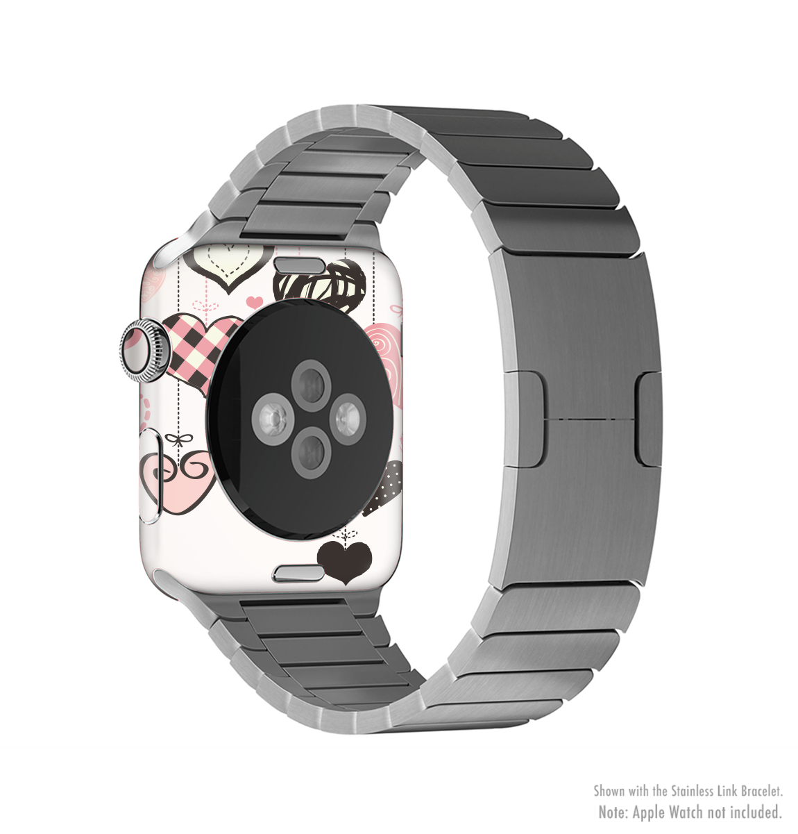 Hanging Styled-Hearts Full-Body Skin Kit for Apple Watch, showcasing a vibrant heart design on a sleek watch.