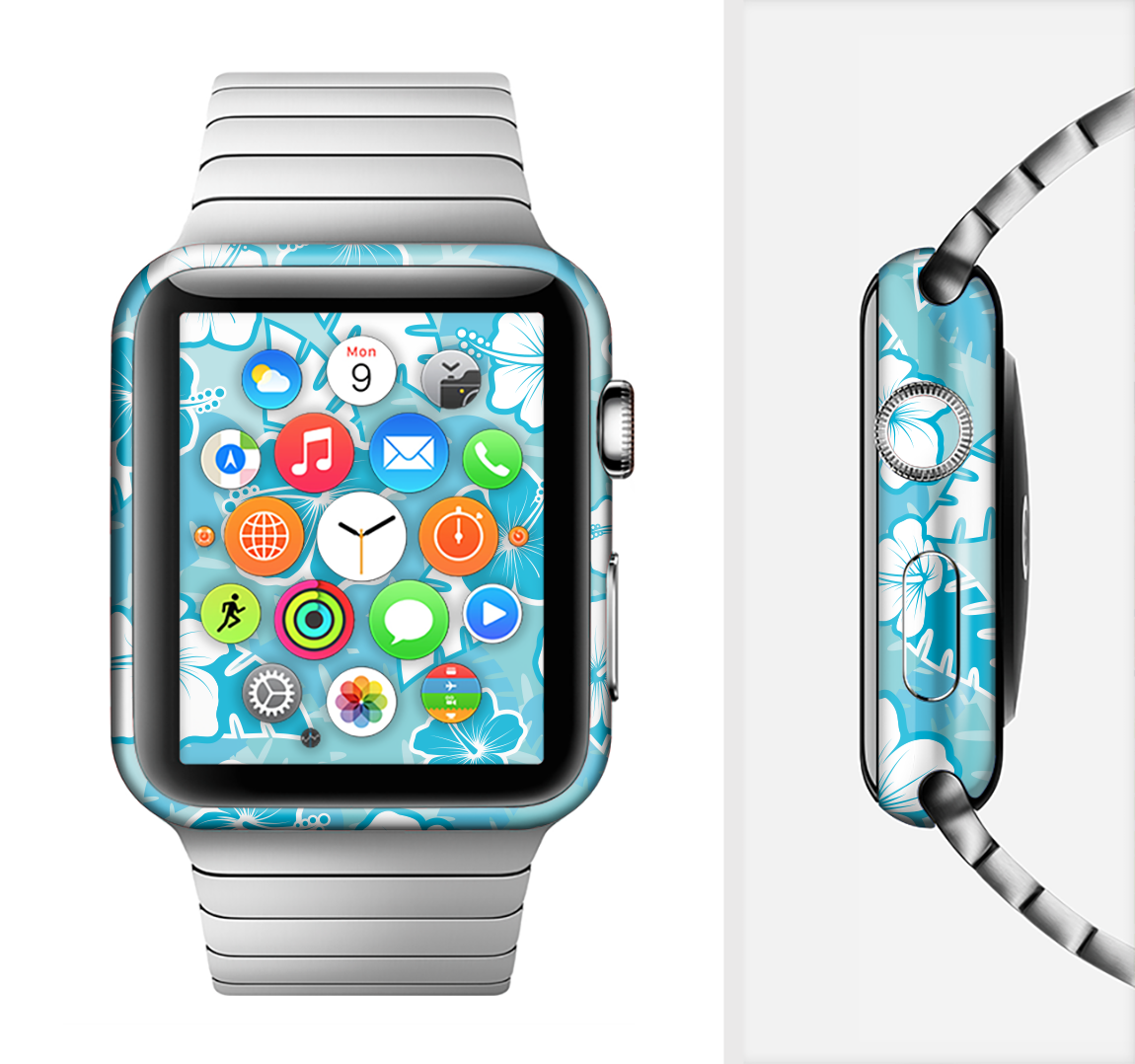 Hawaiian Floral Pattern V4 Full-Body Skin Kit for Apple Watch showcasing vibrant floral design and premium vinyl material.