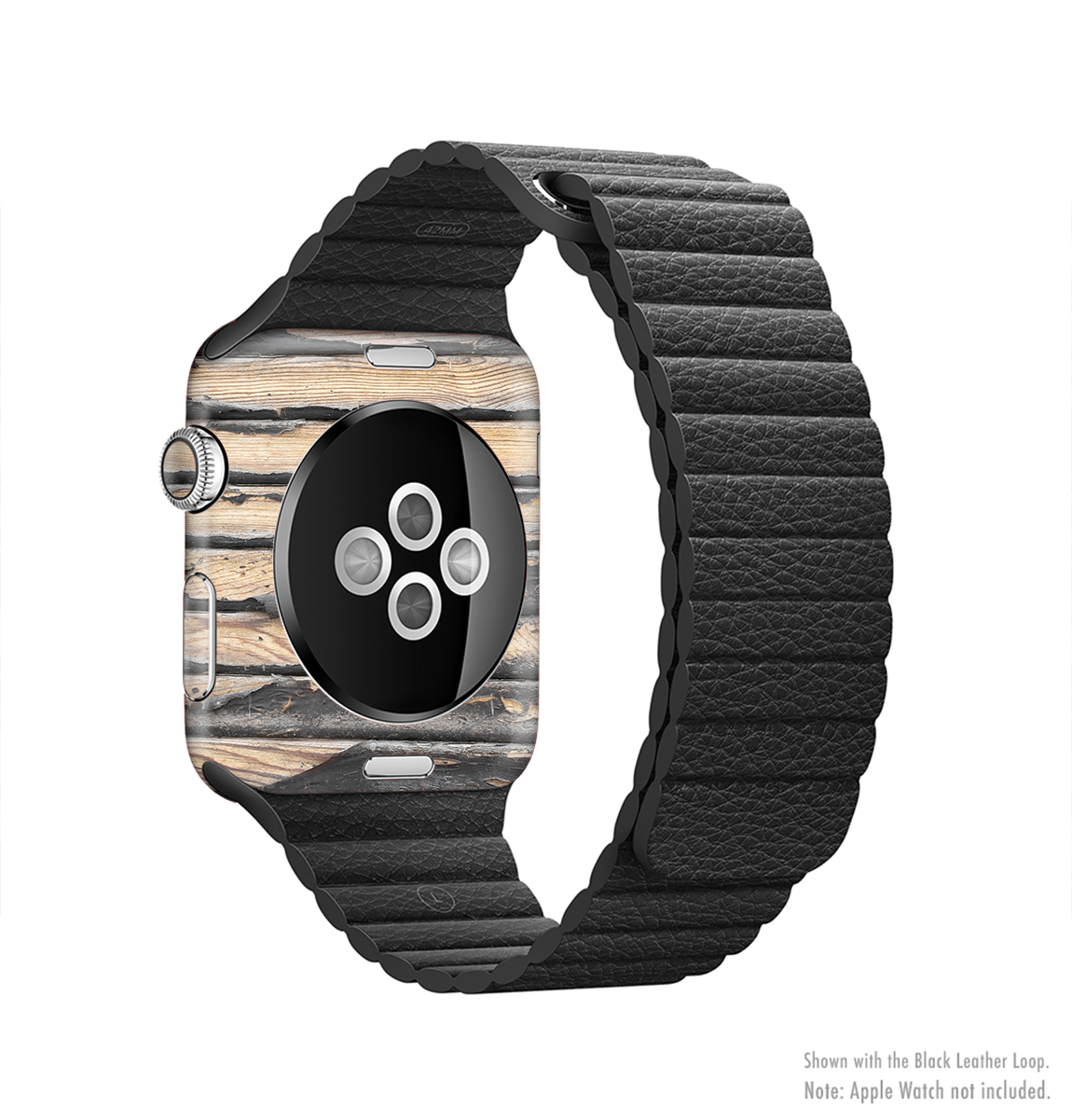 Horizontal Peeled Dark Wood Skin Kit for Apple Watch, showcasing its sleek design and premium vinyl material.