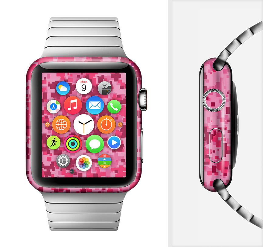 Hot Pink Digital Camouflage Full-Body Skin Kit for Apple Watch, showcasing vibrant colors and a sleek design.