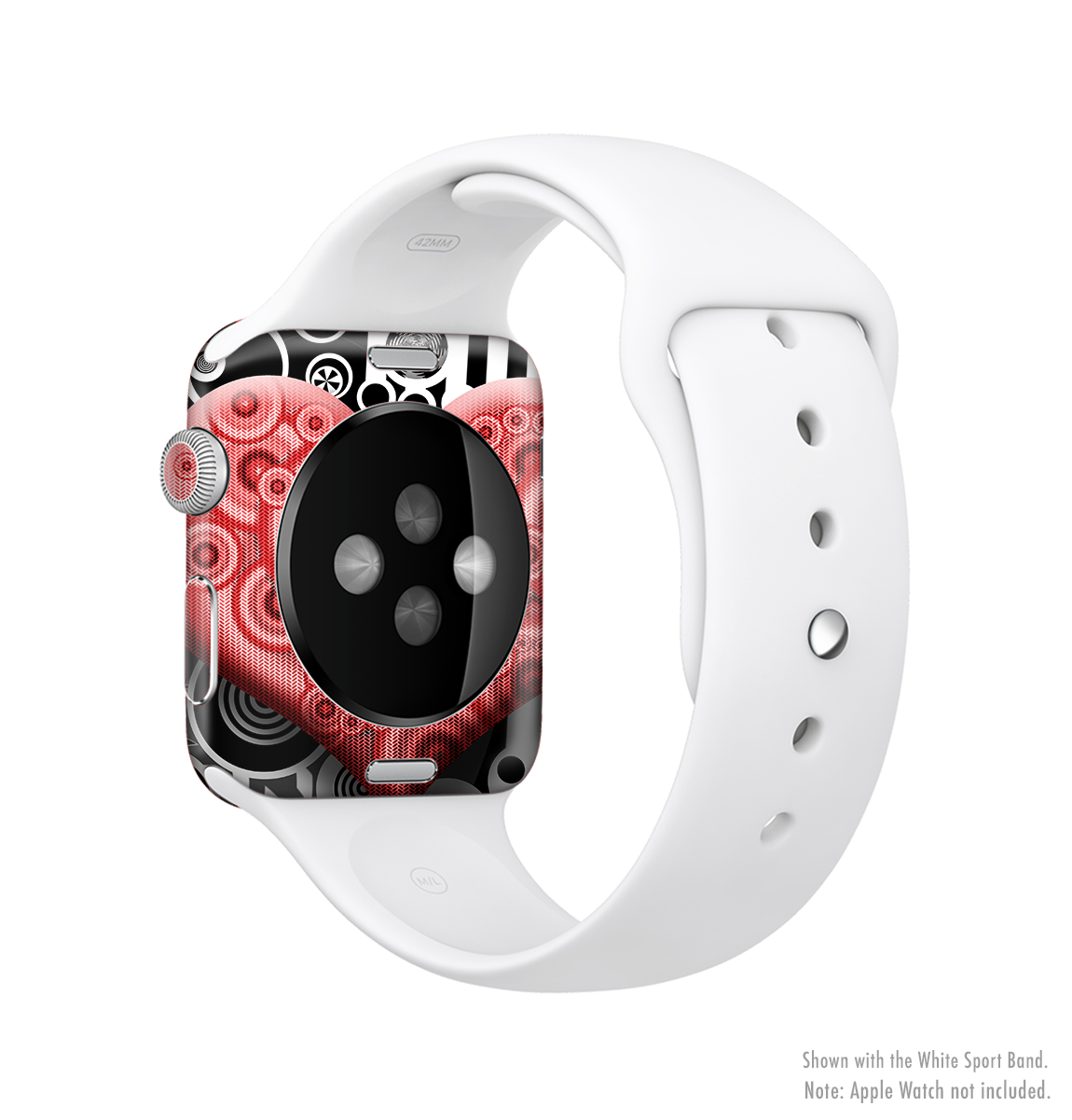 Industrial Red Heart Full-Body Skin Kit for Apple Watch, showcasing vibrant red heart design on premium vinyl material.