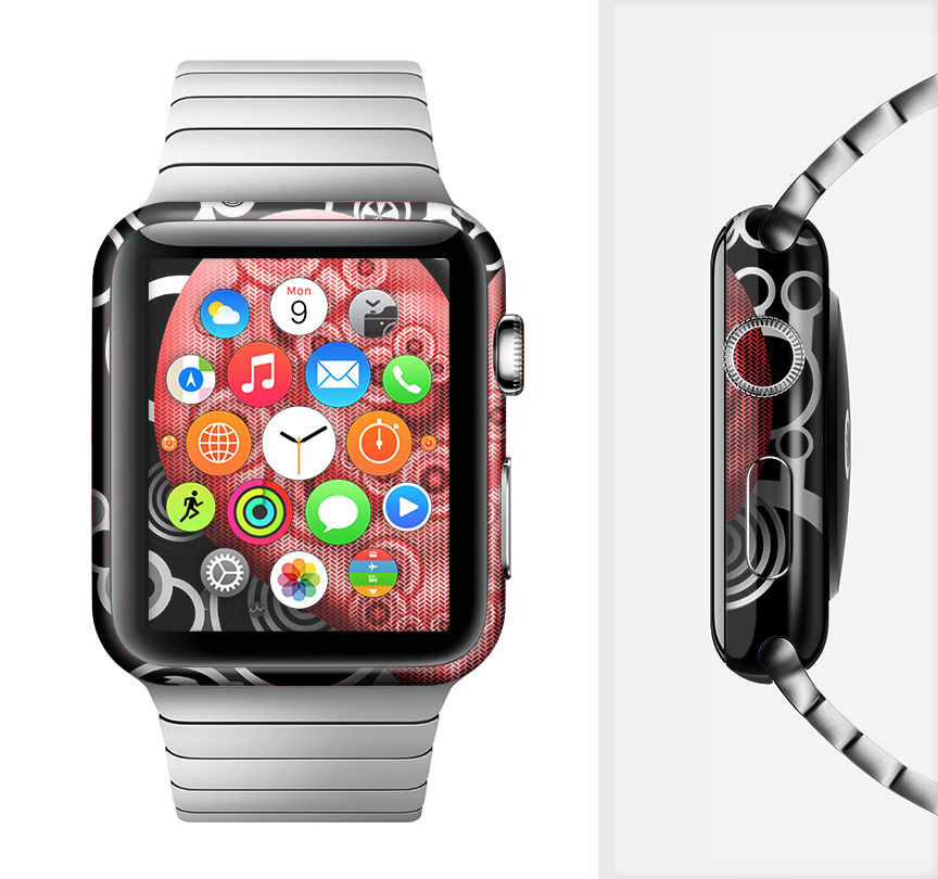 Industrial Red Heart Full-Body Skin Kit for Apple Watch, showcasing vibrant red heart design on premium vinyl material.