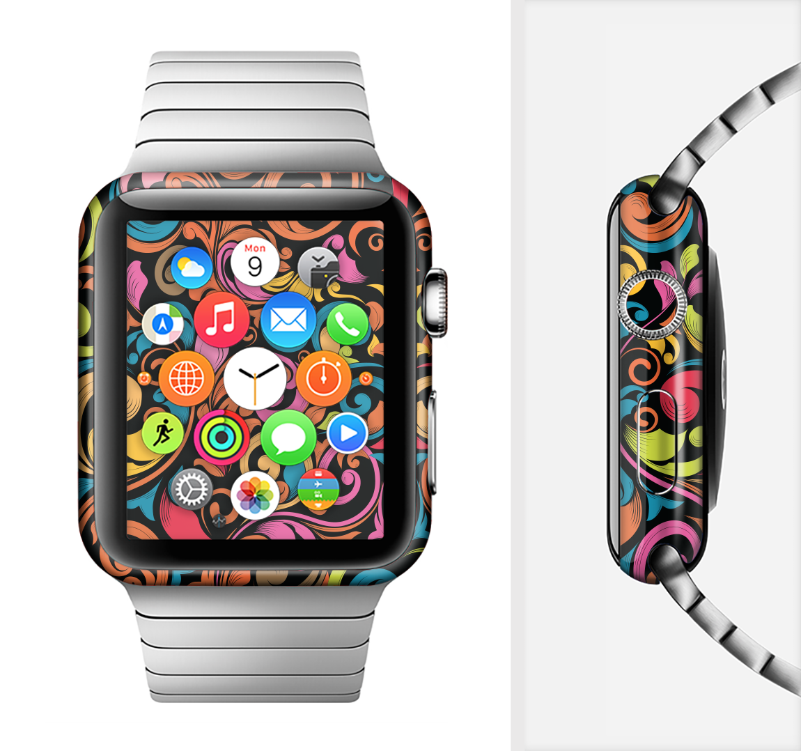 Intricate Colorful Swirls Full-Body Skin Kit for Apple Watch showcasing vibrant patterns and premium vinyl material.