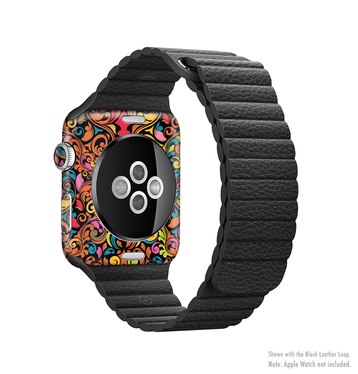 Intricate Colorful Swirls Full-Body Skin Kit for Apple Watch showcasing vibrant patterns and premium vinyl material.