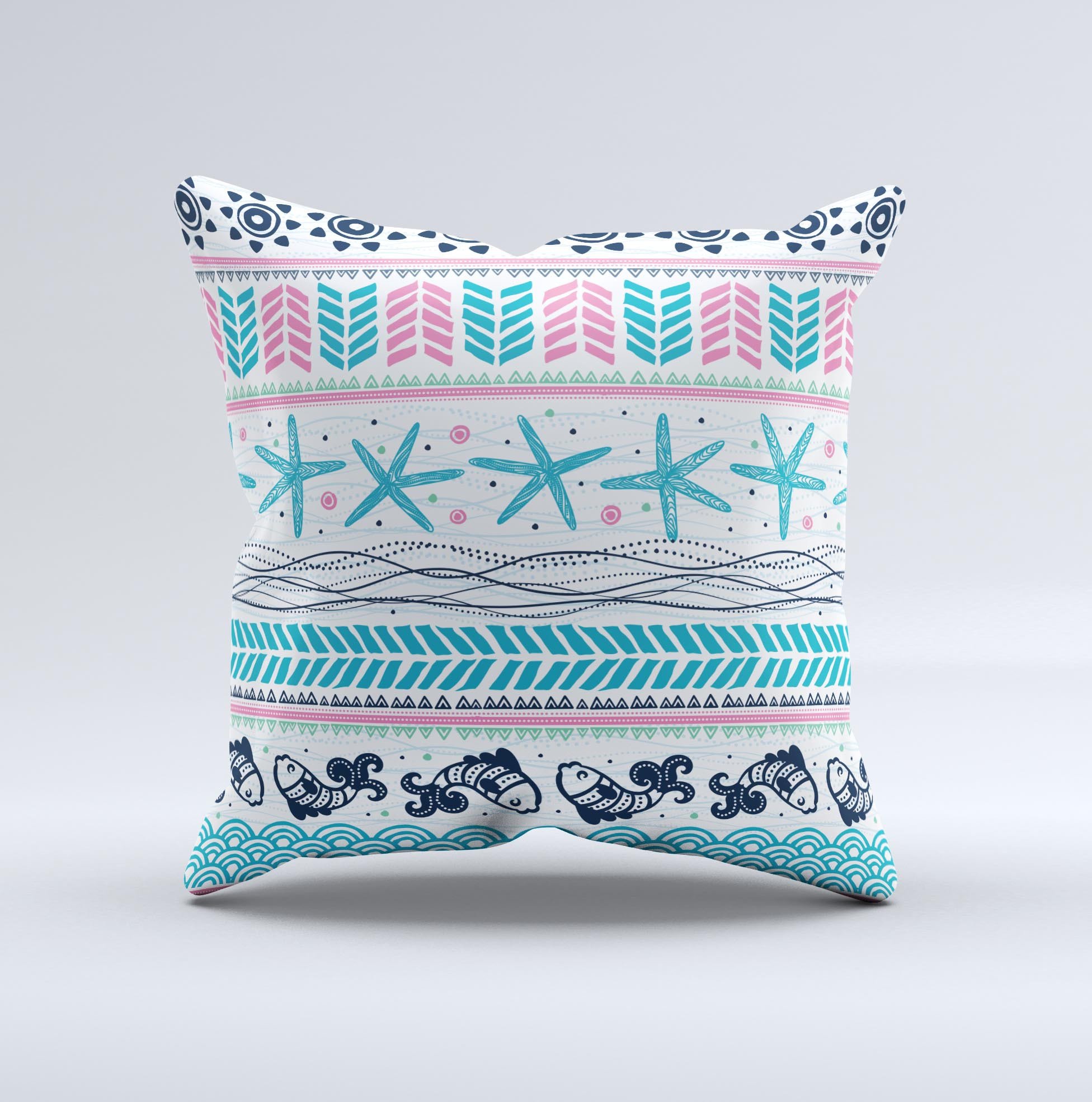 A vibrant decorative throw pillow featuring a unique jumping fish repeating pattern, handcrafted in Virginia with high-quality materials.