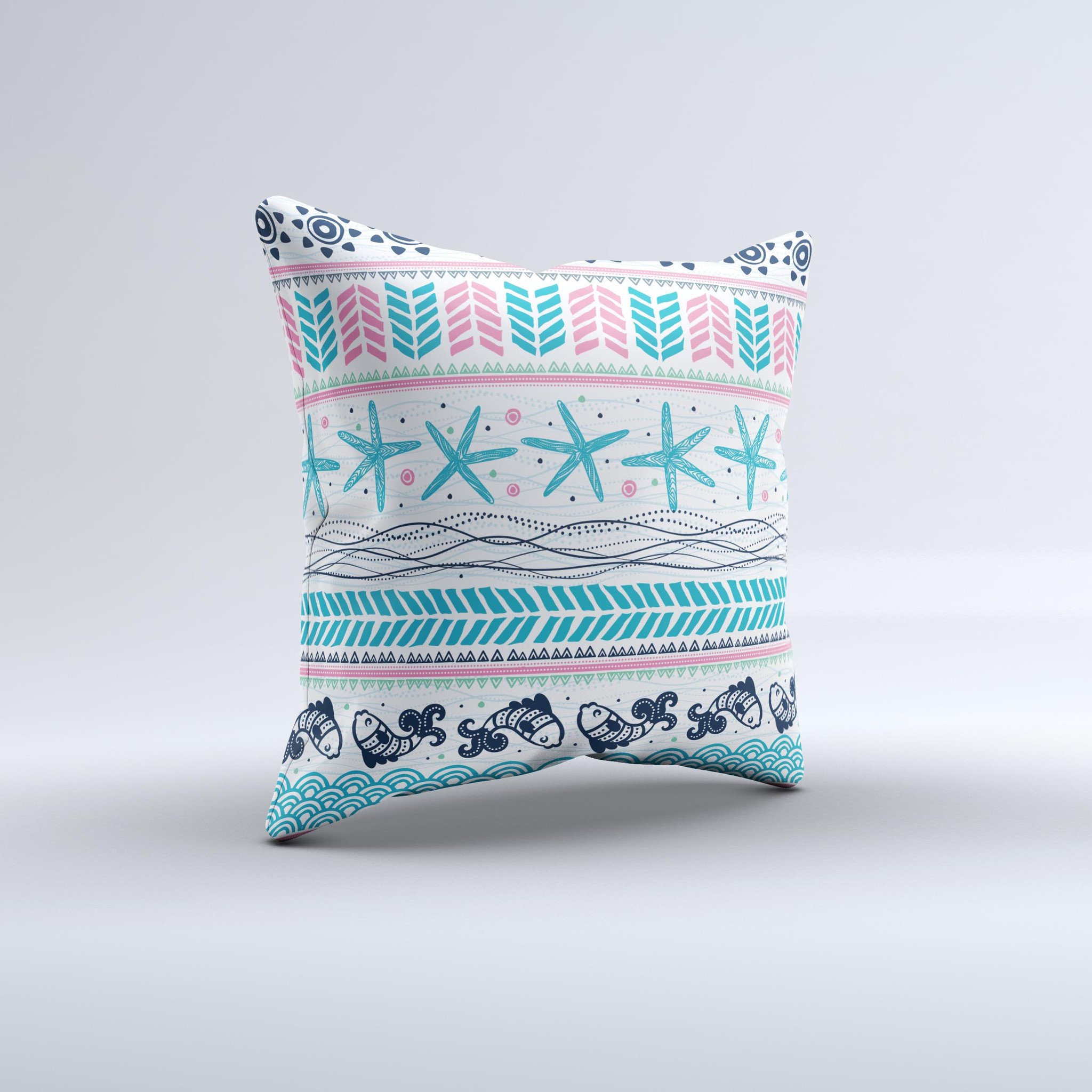 A vibrant decorative throw pillow featuring a unique jumping fish repeating pattern, handcrafted in Virginia with high-quality materials.