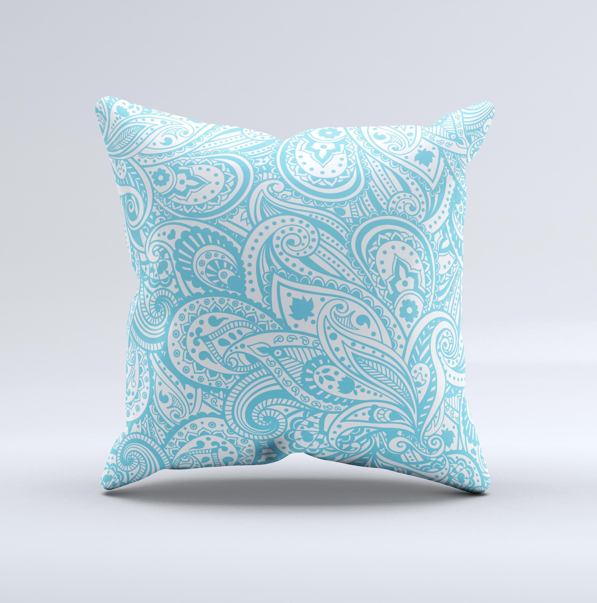 Light Blue Paisley Floral ink-Fuzed Decorative Throw Pillow with intricate floral patterns, showcasing its handmade quality and vibrant colors.