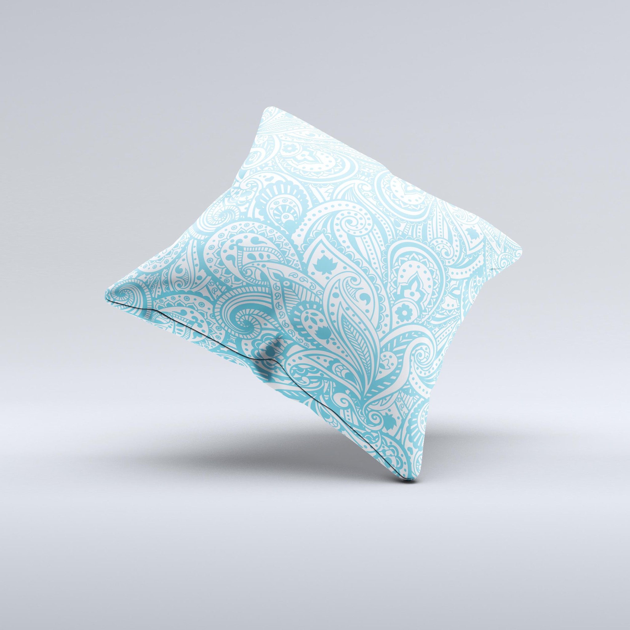 Light Blue Paisley Floral ink-Fuzed Decorative Throw Pillow with intricate floral patterns, showcasing its handmade quality and vibrant colors.