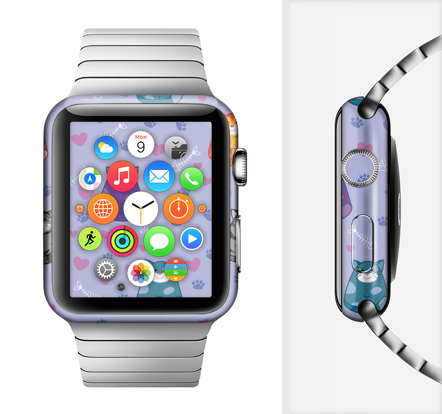 Light Purple Fat Cats Full-Body Skin Kit for Apple Watch, showcasing a vibrant design and premium vinyl material.