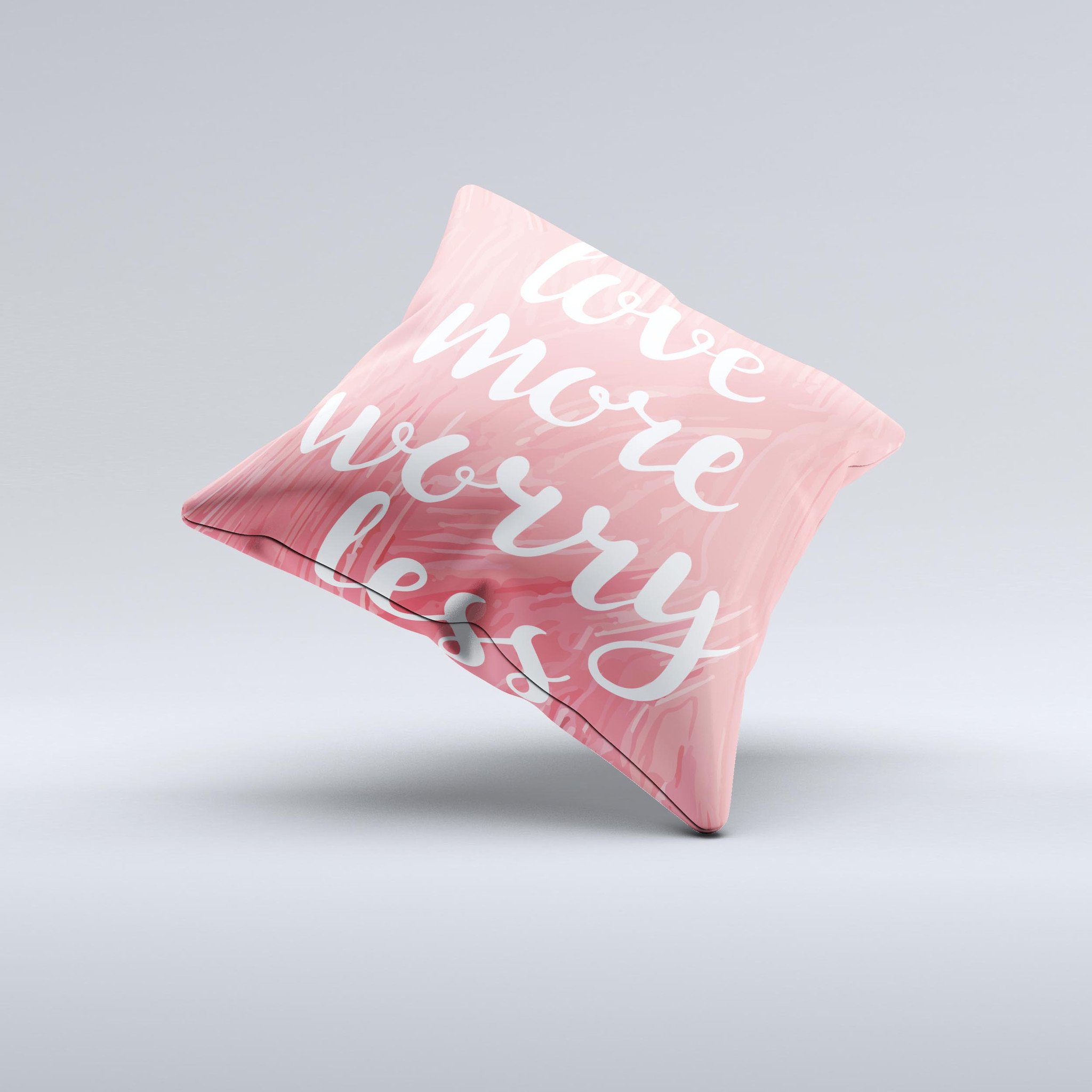 Handcrafted Love More Worry Less ink-Fuzed Decorative Throw Pillow with high thread count fabric and unique design.