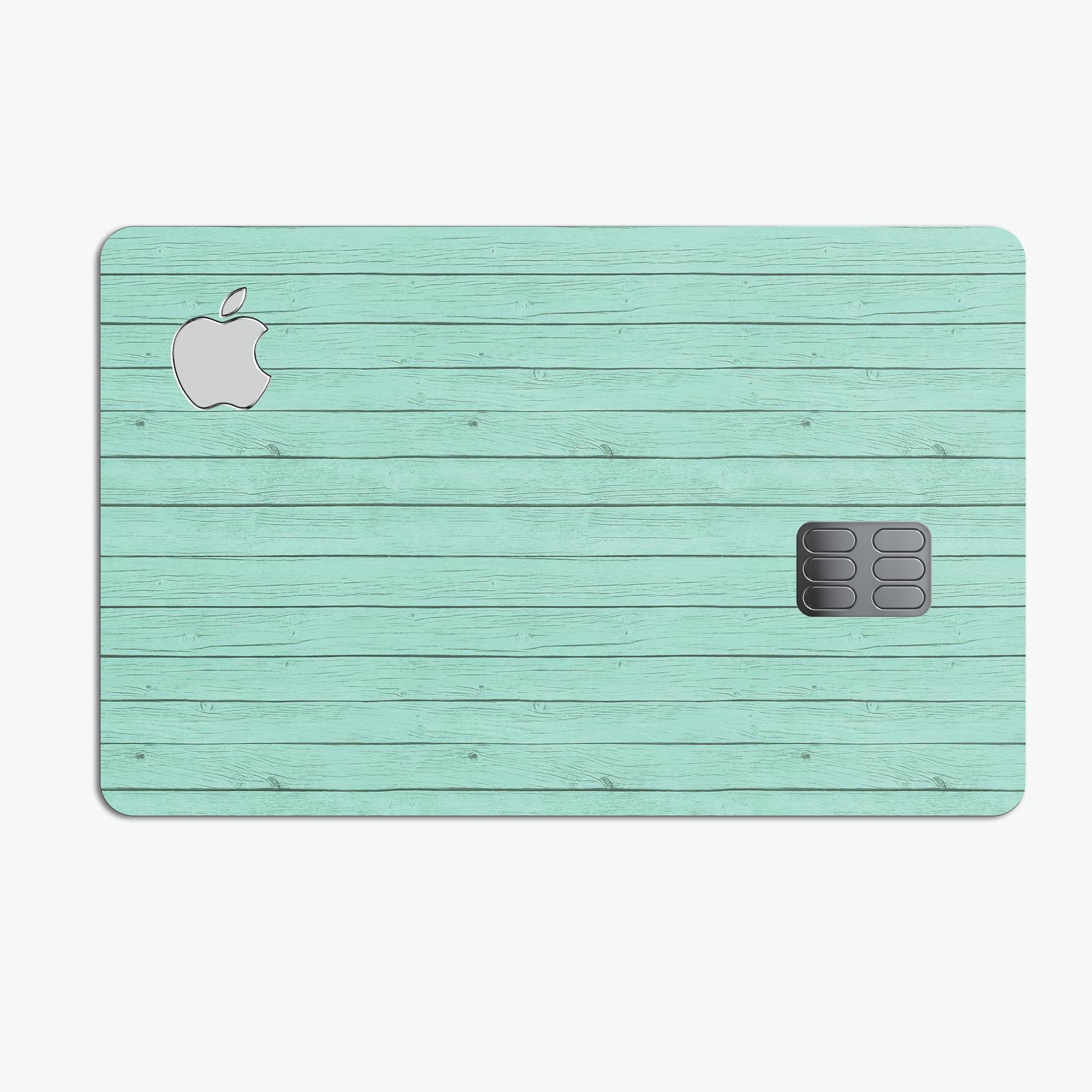 Mint Green Wood Planks decal skin for Apple Card, showcasing a stylish wood design with a protective finish.