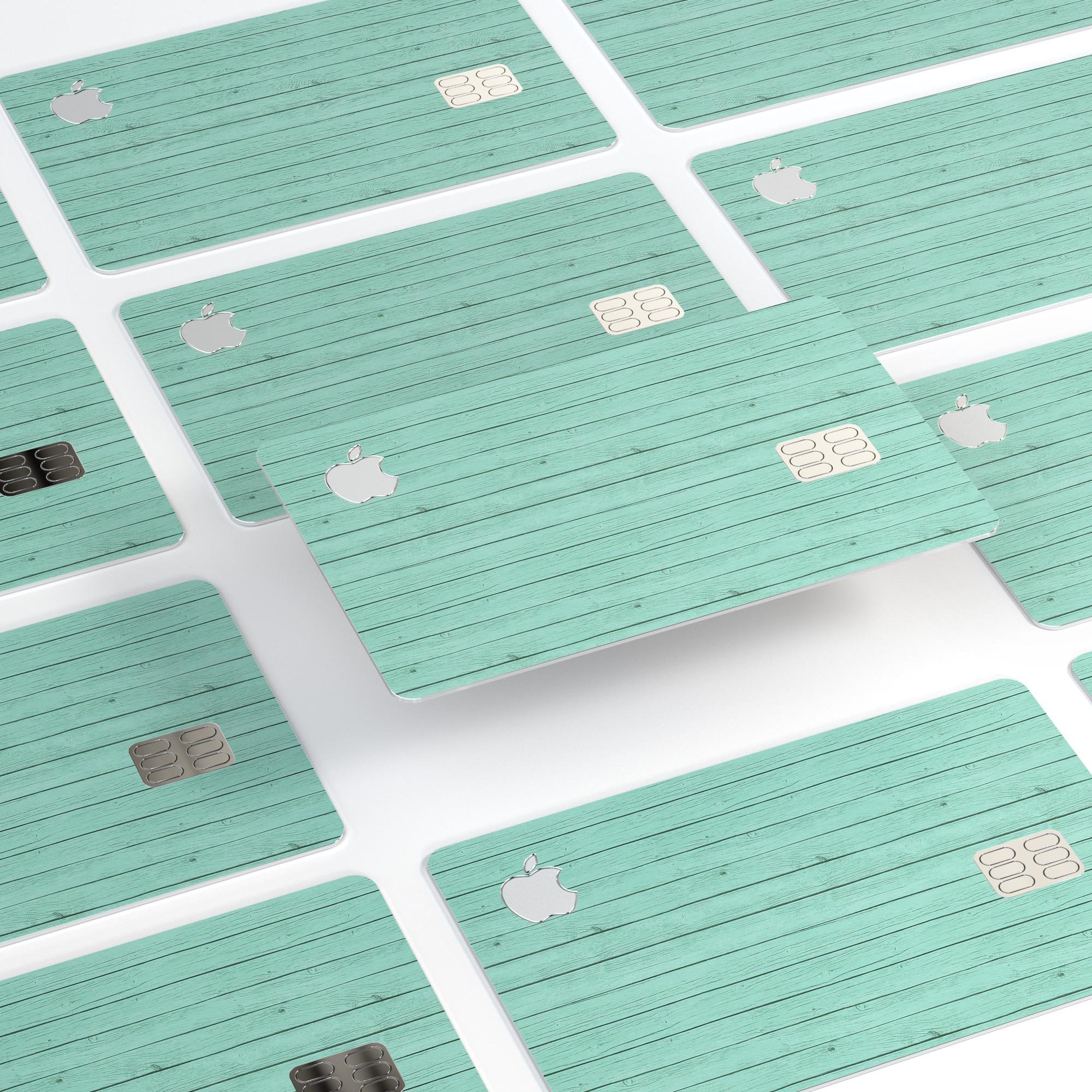 Mint Green Wood Planks decal skin for Apple Card, showcasing a stylish wood design with a protective finish.