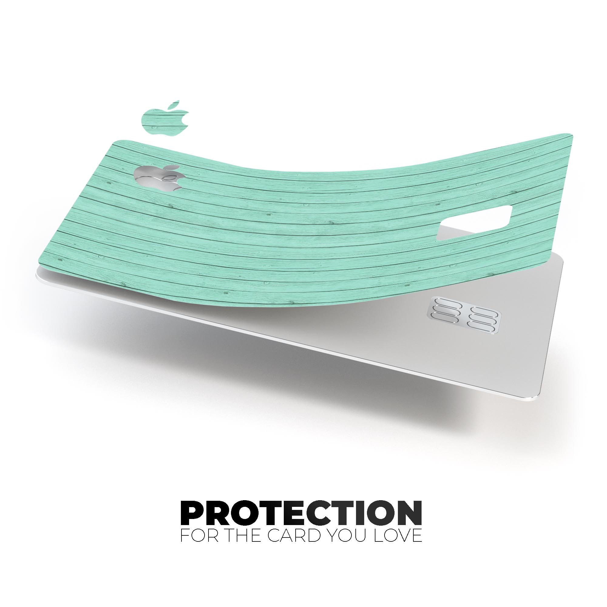 Mint Green Wood Planks decal skin for Apple Card, showcasing a stylish wood design with a protective finish.