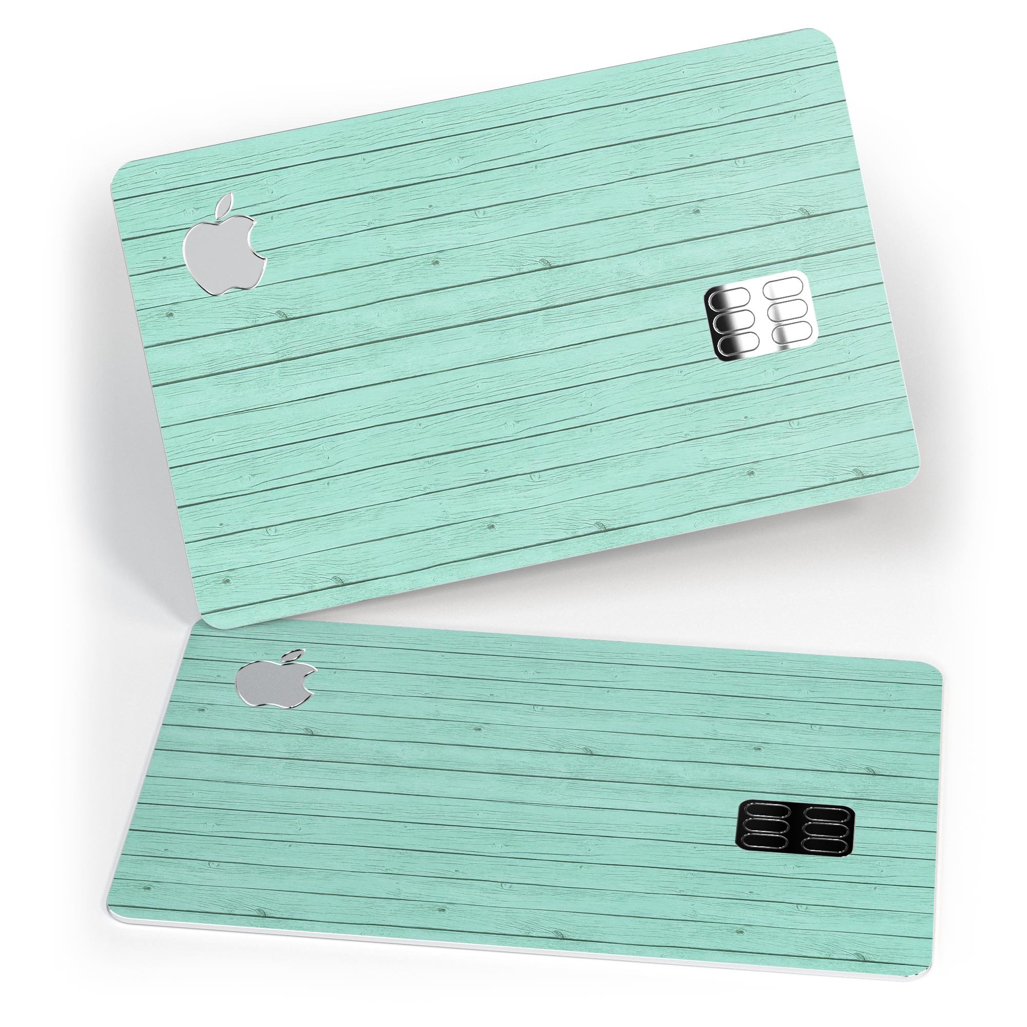 Mint Green Wood Planks decal skin for Apple Card, showcasing a stylish wood design with a protective finish.