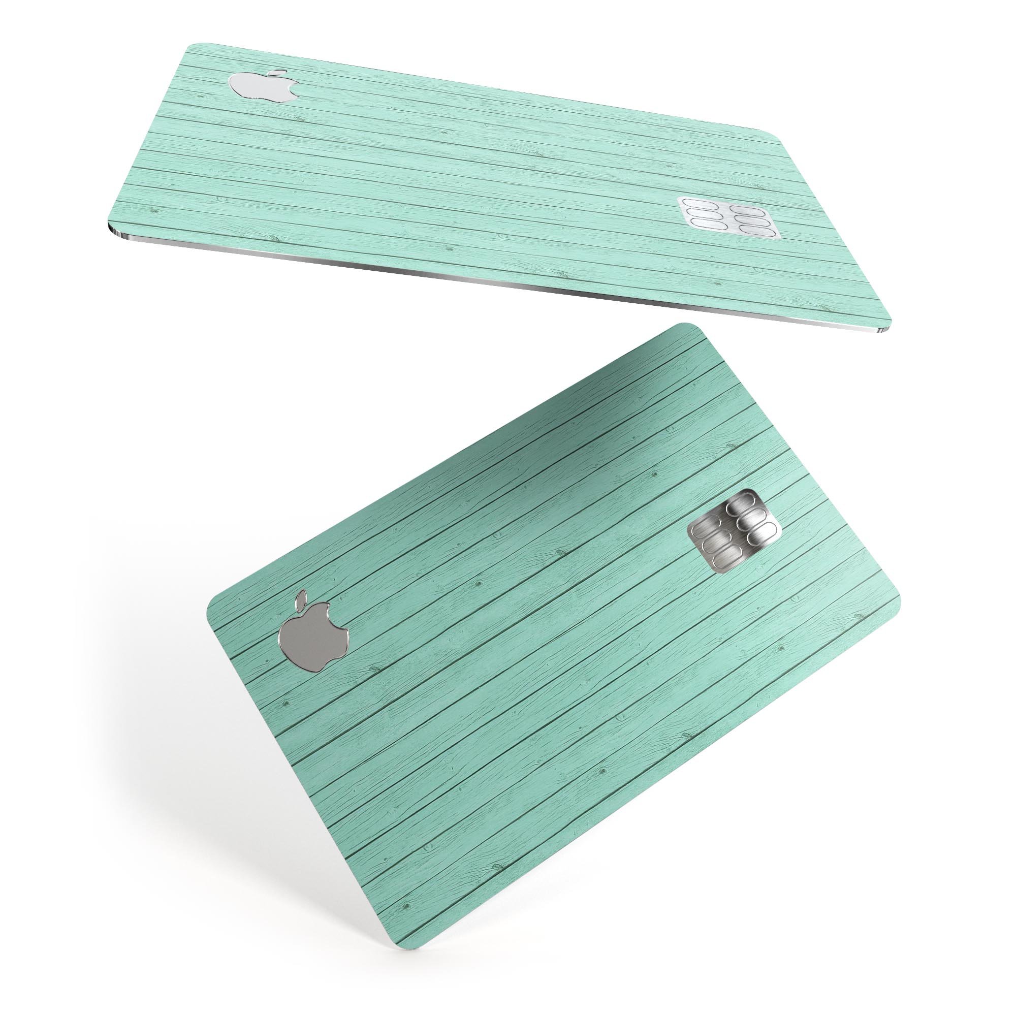 Mint Green Wood Planks decal skin for Apple Card, showcasing a stylish wood design with a protective finish.