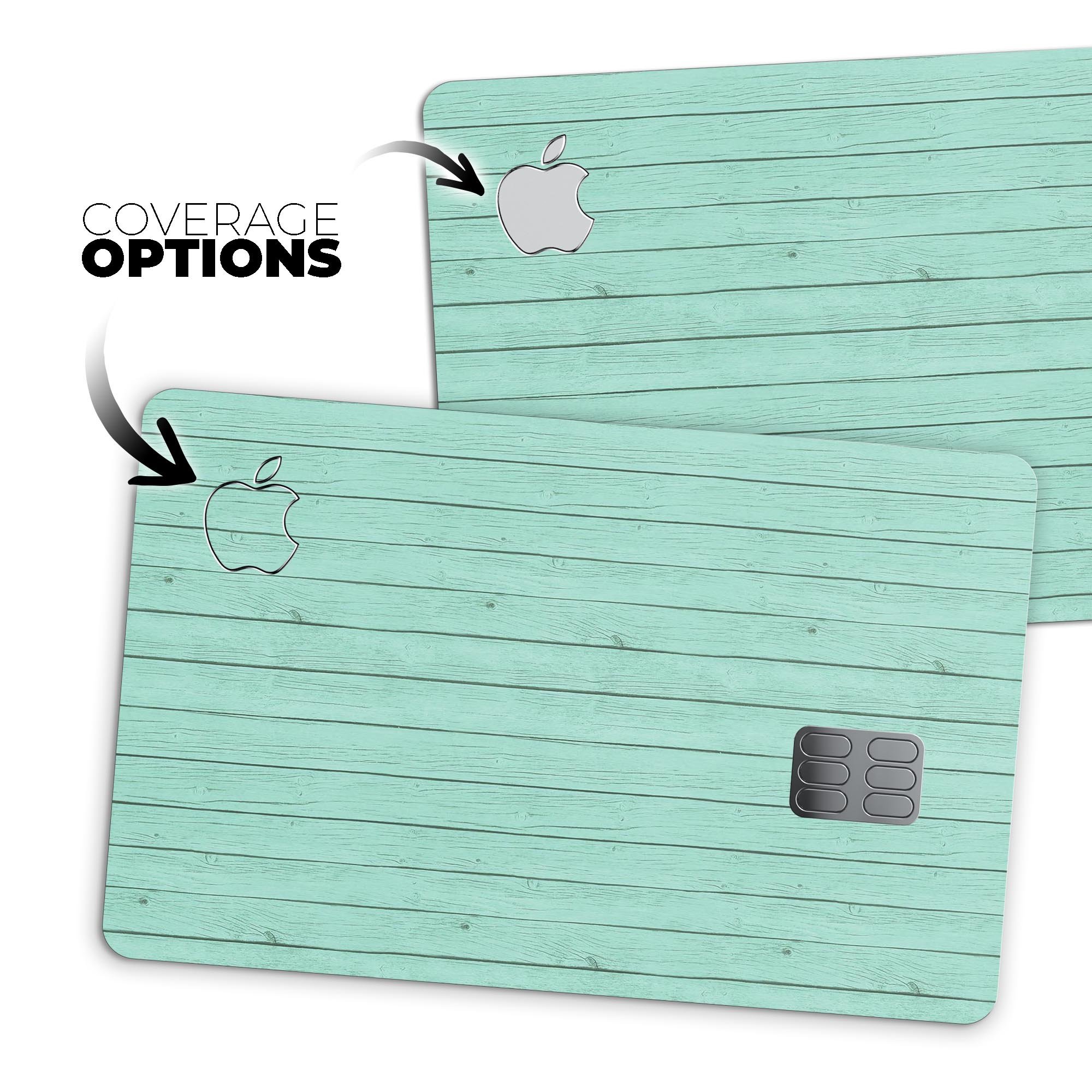 Mint Green Wood Planks decal skin for Apple Card, showcasing a stylish wood design with a protective finish.