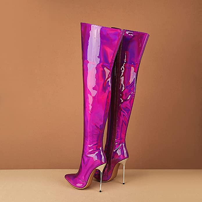 The Mishawn Over the Knee Boot featuring a sleek design, plush lining, and elastic patent leather material, elegantly displayed in a tulle keepsake box.