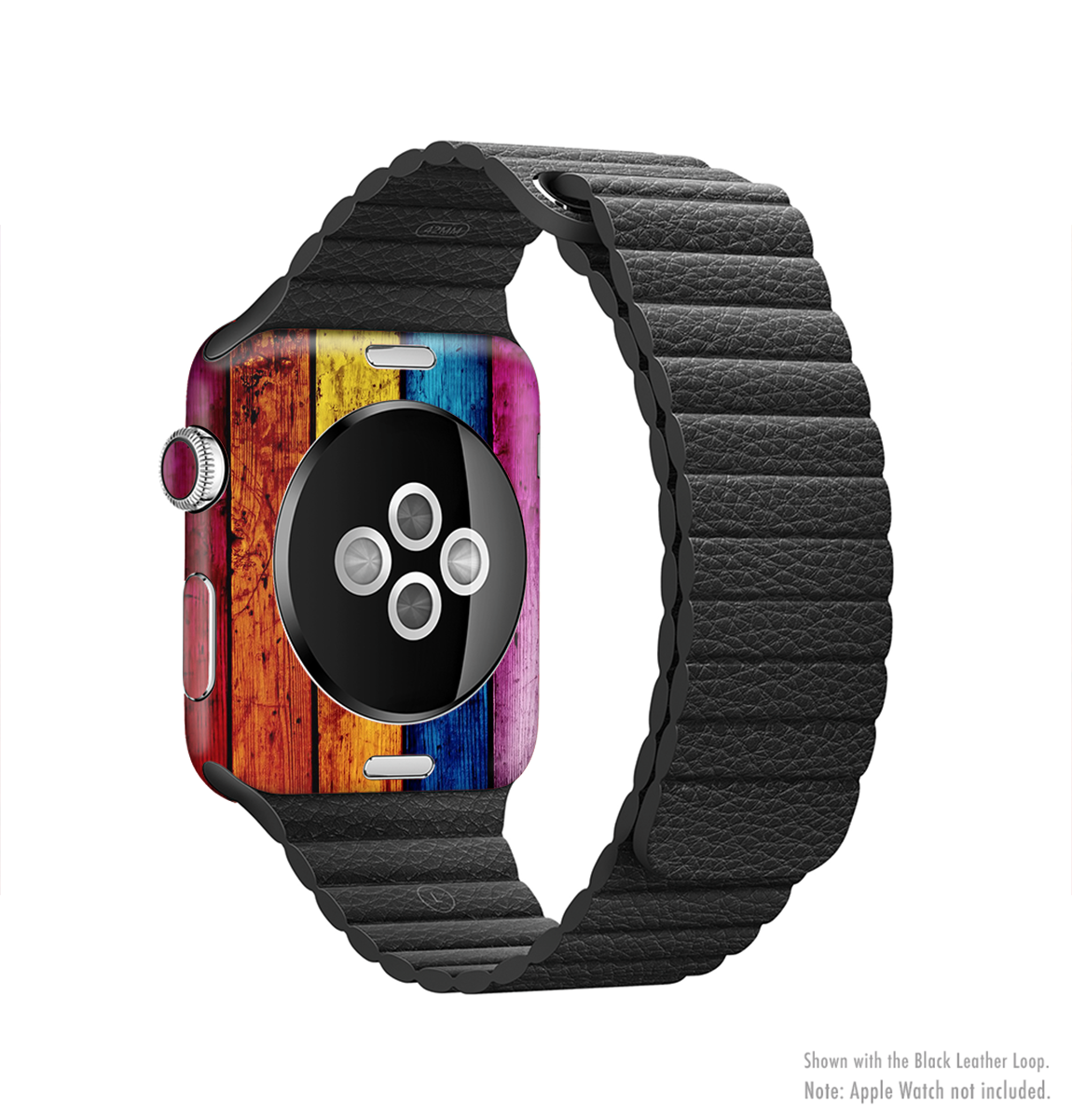 Neon Color Wood Planks Full-Body Skin Kit for Apple Watch, showcasing vibrant colors and wood texture.