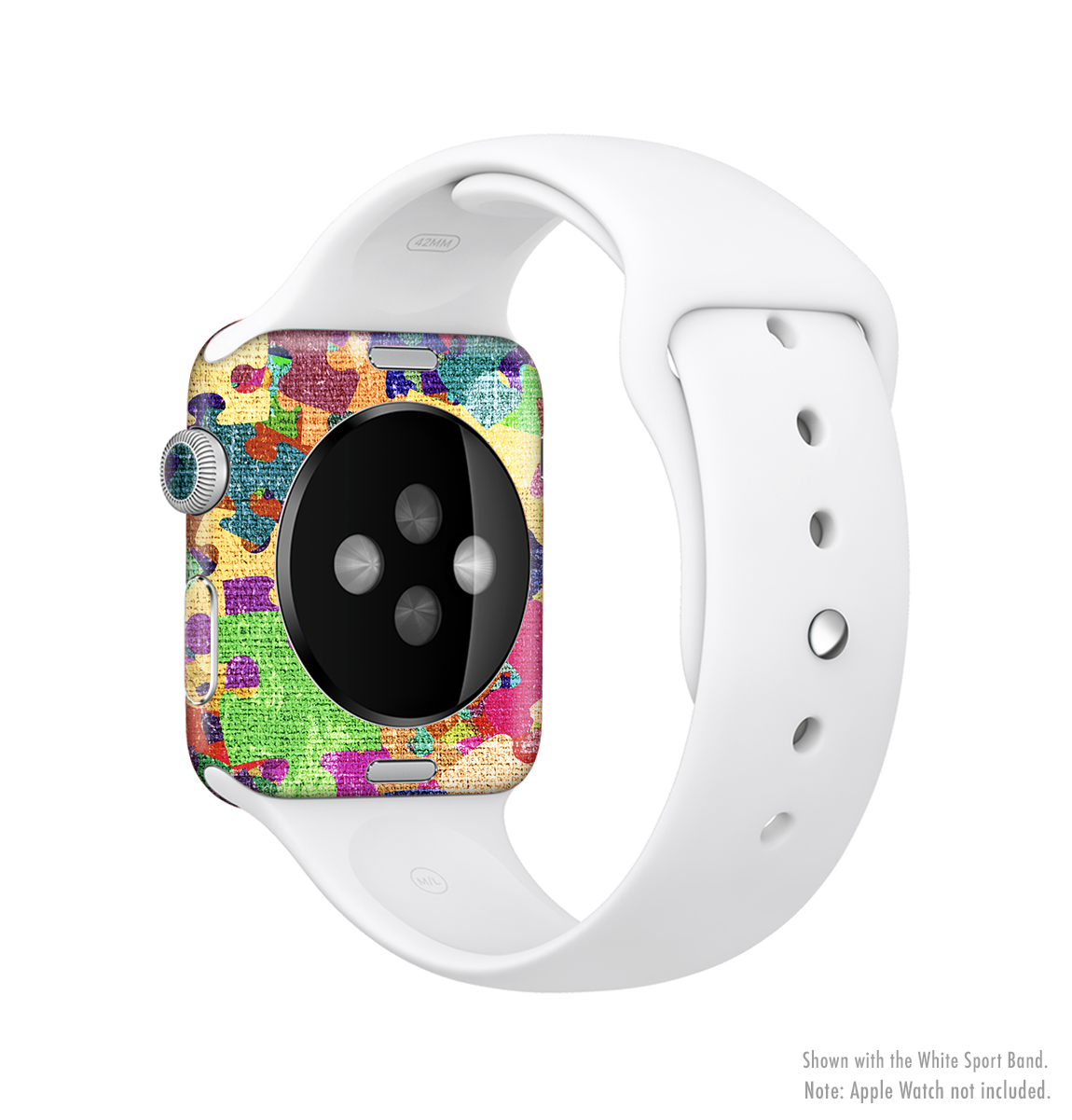 Neon Colored Puzzle Pieces Full-Body Skin Kit for Apple Watch, showcasing vibrant colors and unique puzzle piece design.