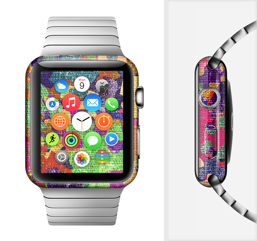 Neon Colored Puzzle Pieces Full-Body Skin Kit for Apple Watch, showcasing vibrant colors and unique puzzle piece design.