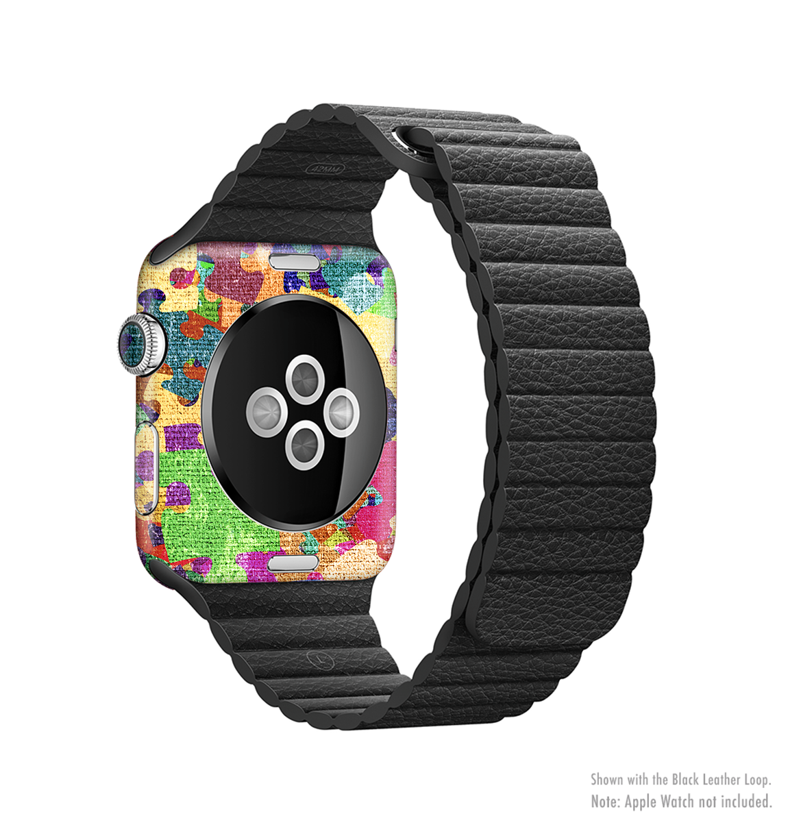 Neon Colored Puzzle Pieces Full-Body Skin Kit for Apple Watch, showcasing vibrant colors and unique puzzle piece design.