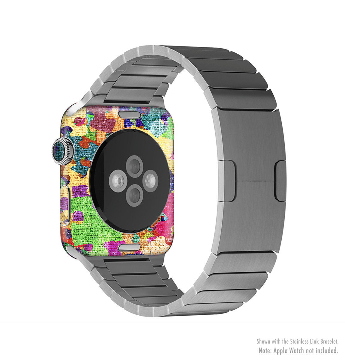 Neon Colored Puzzle Pieces Full-Body Skin Kit for Apple Watch, showcasing vibrant colors and unique puzzle piece design.