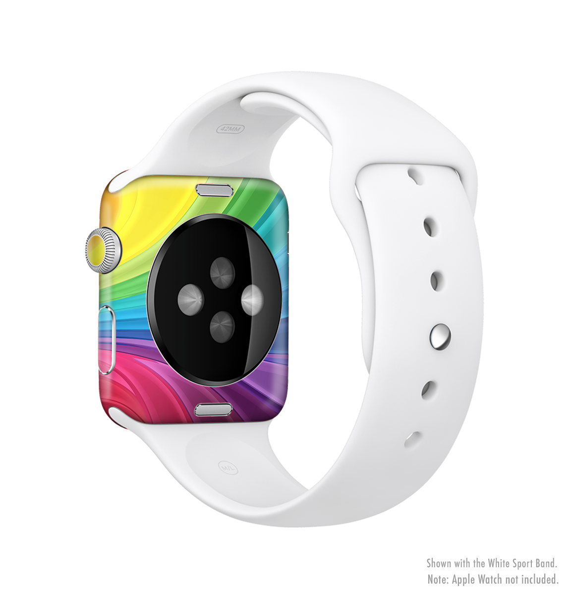 Neon colored swirled full-body skin kit for Apple Watch, showcasing vibrant colors and a sleek design.