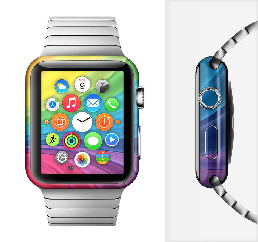 Neon colored swirled full-body skin kit for Apple Watch, showcasing vibrant colors and a sleek design.