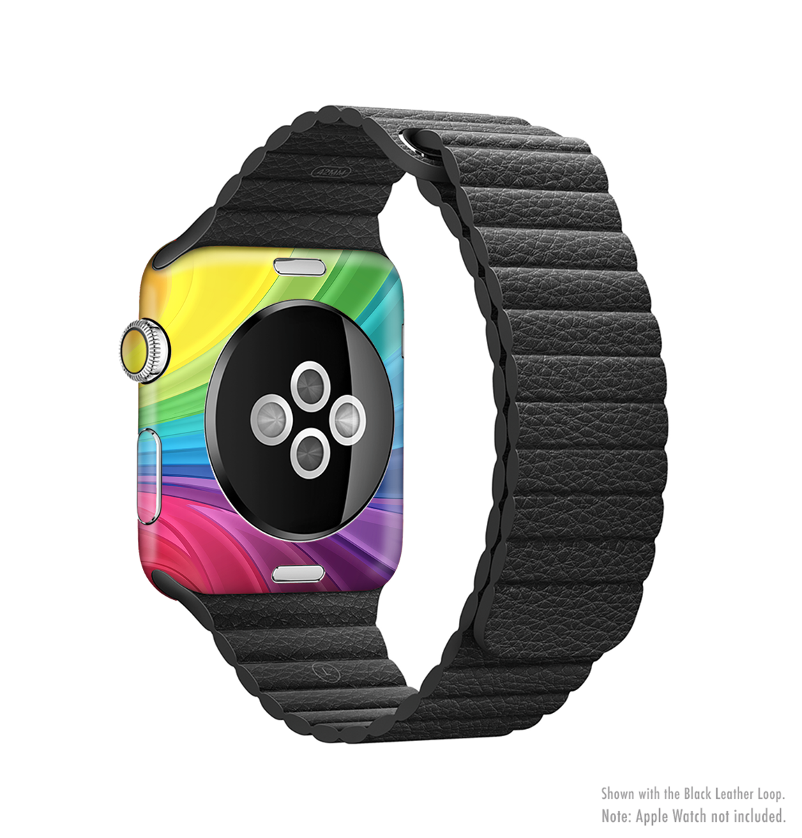 Neon colored swirled full-body skin kit for Apple Watch, showcasing vibrant colors and a sleek design.