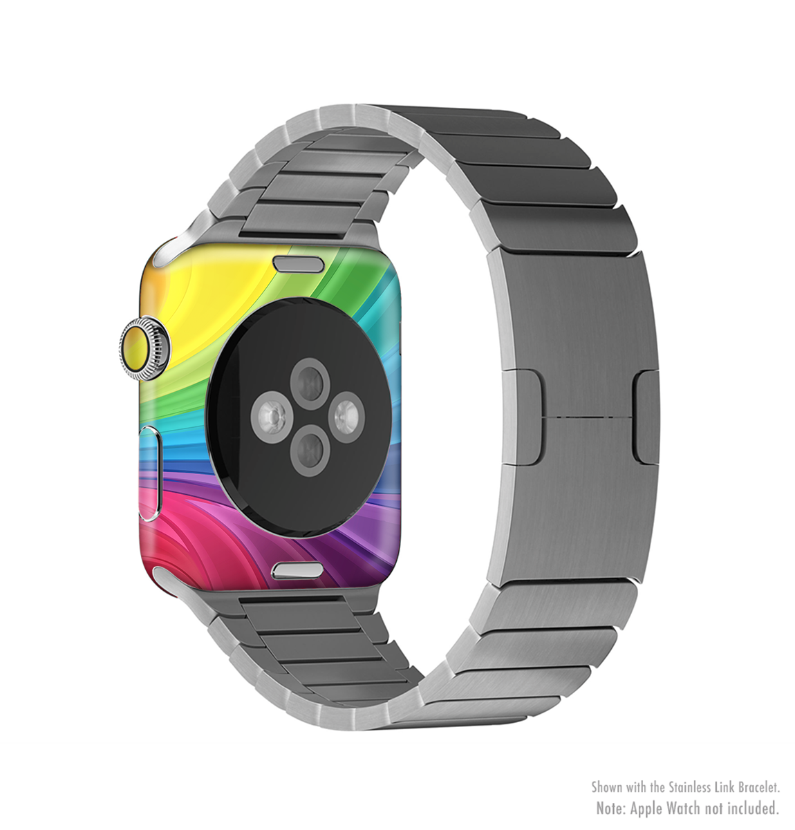 Neon colored swirled full-body skin kit for Apple Watch, showcasing vibrant colors and a sleek design.