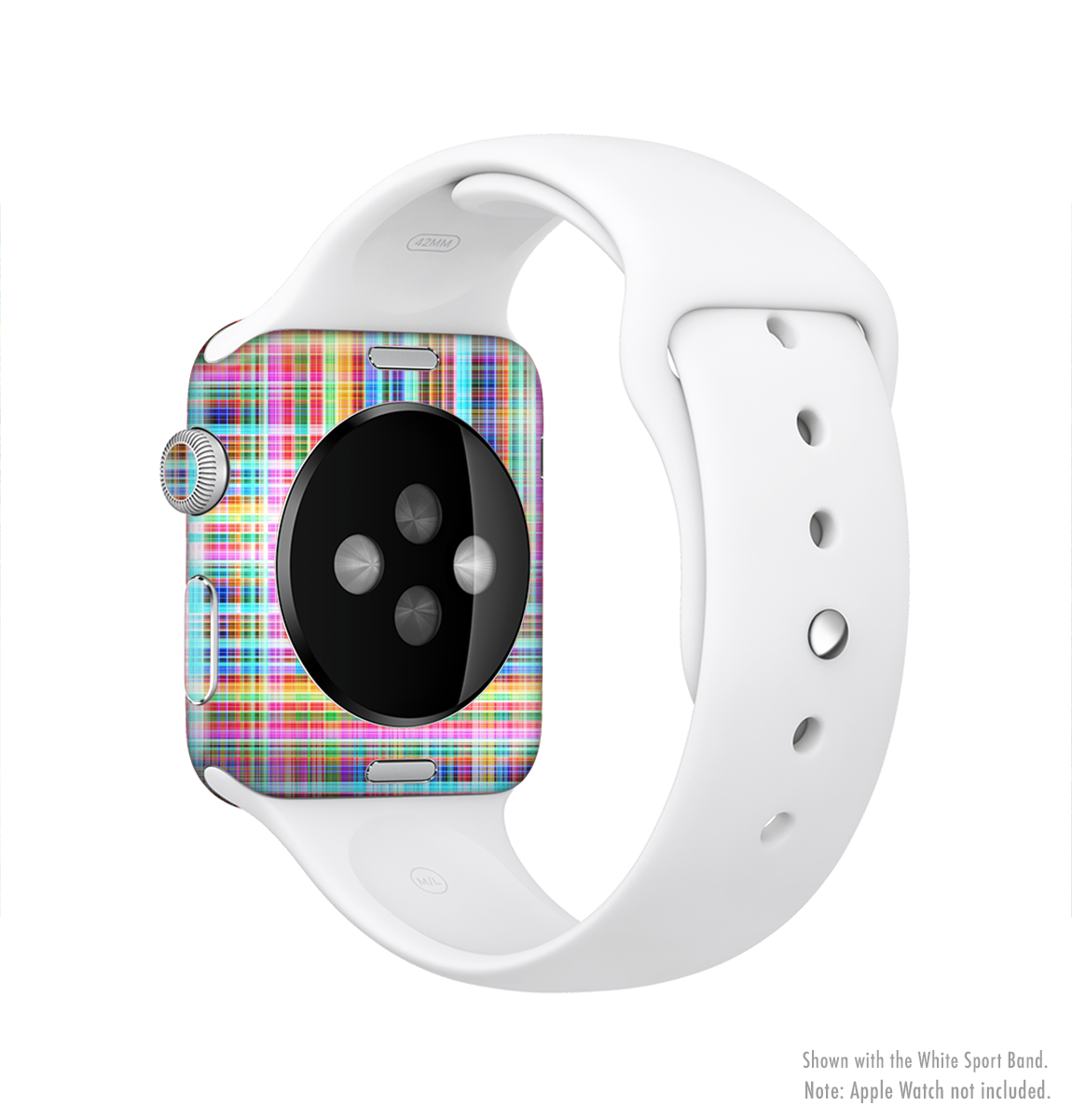 Neon Faded Rainbow Plaid Full-Body Skin Kit for Apple Watch, showcasing vibrant colors and a stylish design.