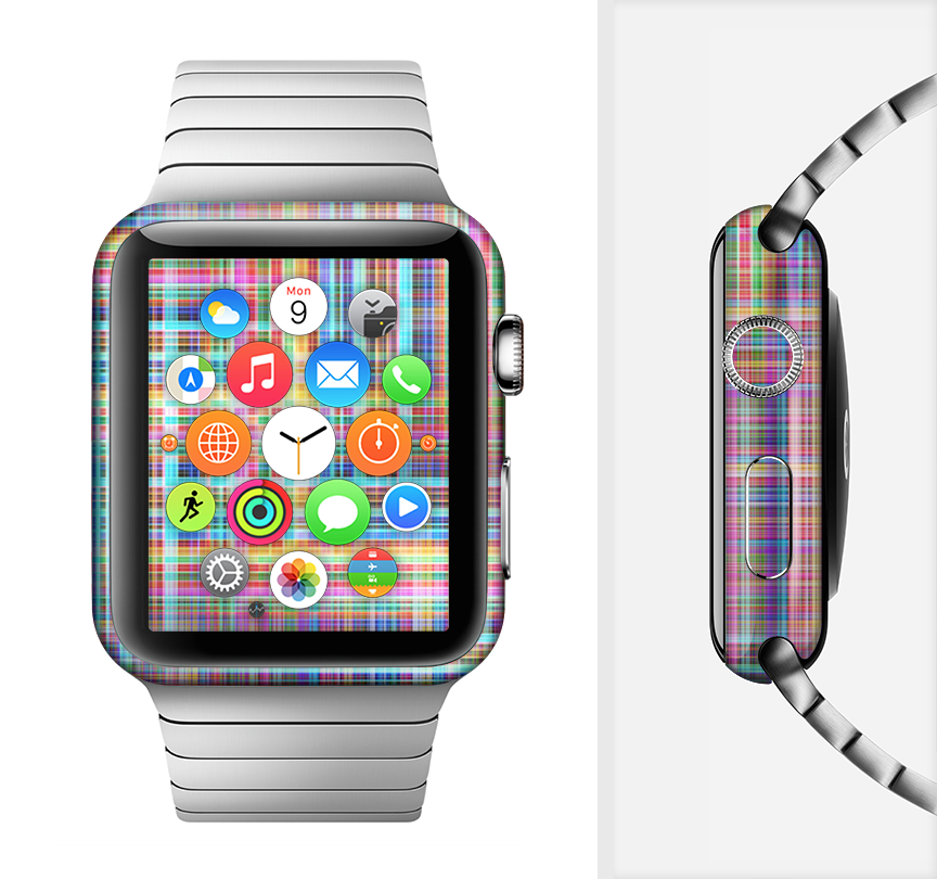 Neon Faded Rainbow Plaid Full-Body Skin Kit for Apple Watch, showcasing vibrant colors and a stylish design.