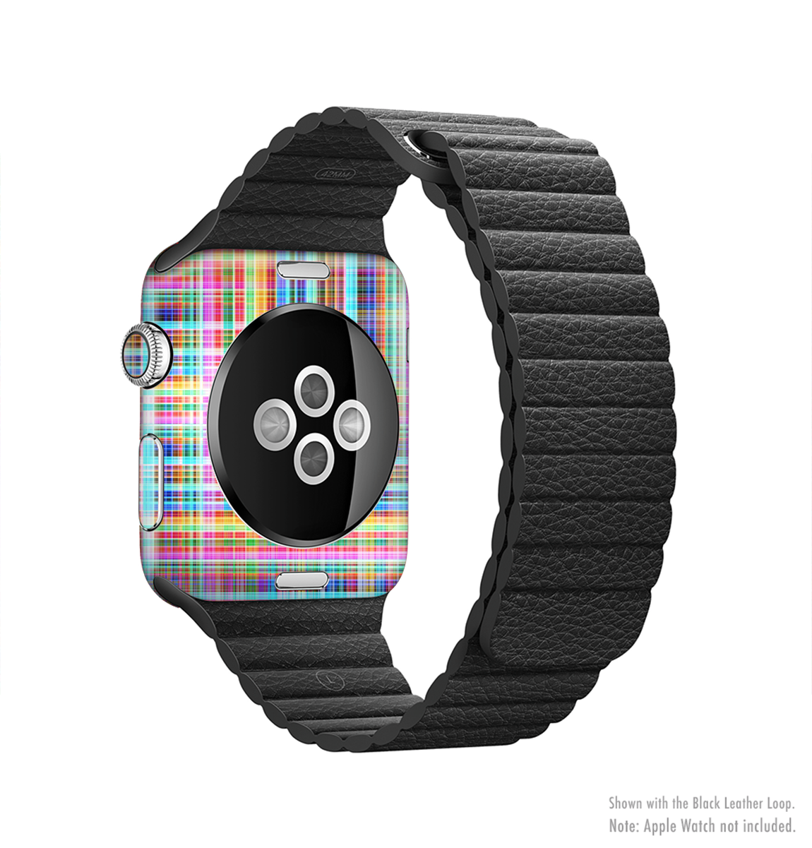 Neon Faded Rainbow Plaid Full-Body Skin Kit for Apple Watch, showcasing vibrant colors and a stylish design.