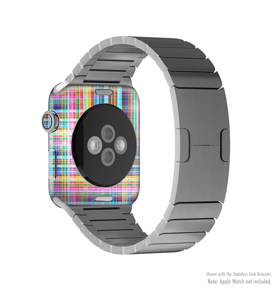 Neon Faded Rainbow Plaid Full-Body Skin Kit for Apple Watch, showcasing vibrant colors and a stylish design.