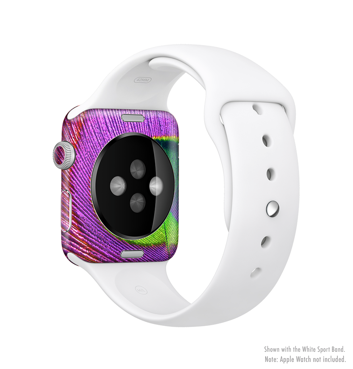 Neon Peacock Feather Full-Body Skin Kit for Apple Watch, showcasing vibrant colors and intricate feather design.