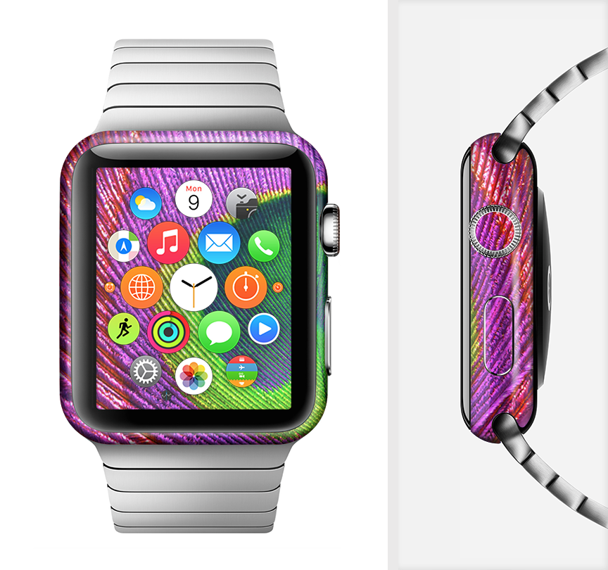 Neon Peacock Feather Full-Body Skin Kit for Apple Watch, showcasing vibrant colors and intricate feather design.