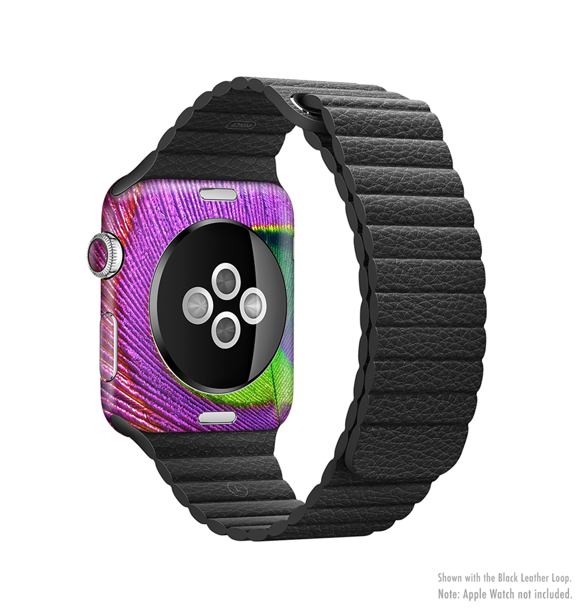 Neon Peacock Feather Full-Body Skin Kit for Apple Watch, showcasing vibrant colors and intricate feather design.