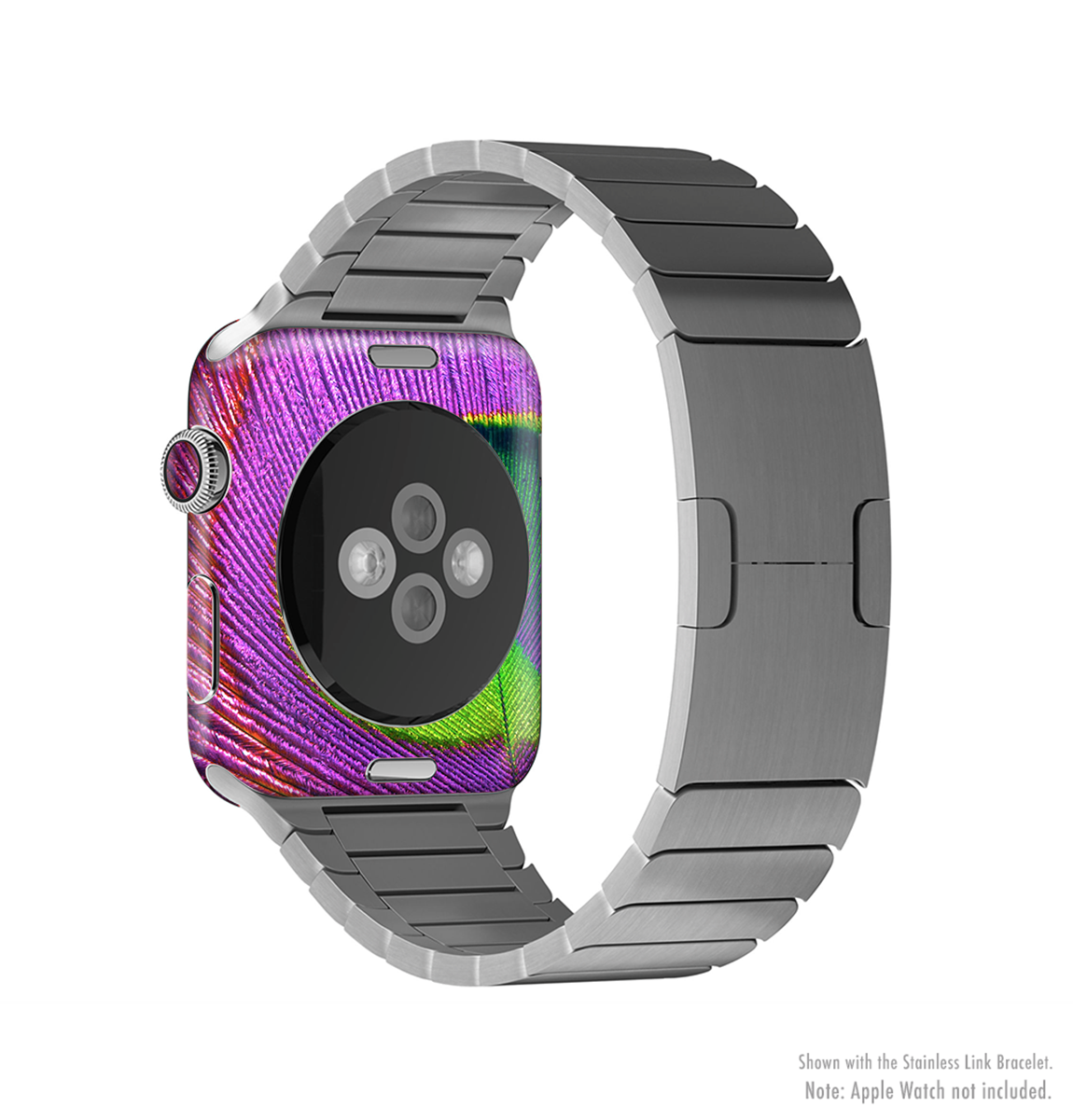 Neon Peacock Feather Full-Body Skin Kit for Apple Watch, showcasing vibrant colors and intricate feather design.