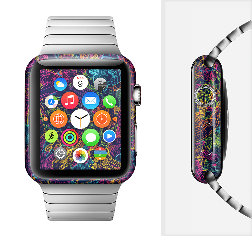 The Neon Robots Full-Body Skin Kit for Apple Watch showcasing vibrant colors and a sleek design, perfectly fitted to the watch.