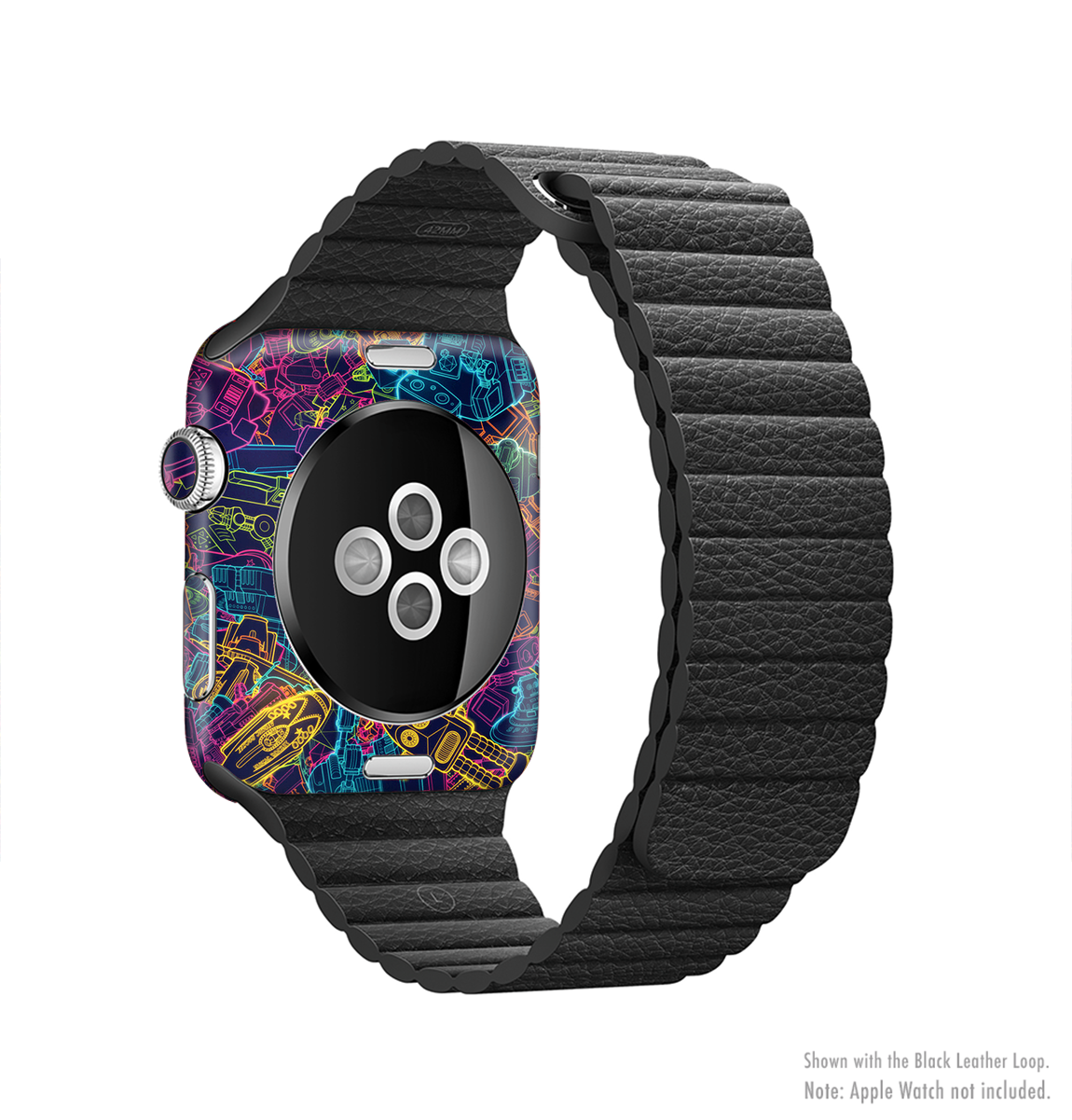 The Neon Robots Full-Body Skin Kit for Apple Watch showcasing vibrant colors and a sleek design, perfectly fitted to the watch.